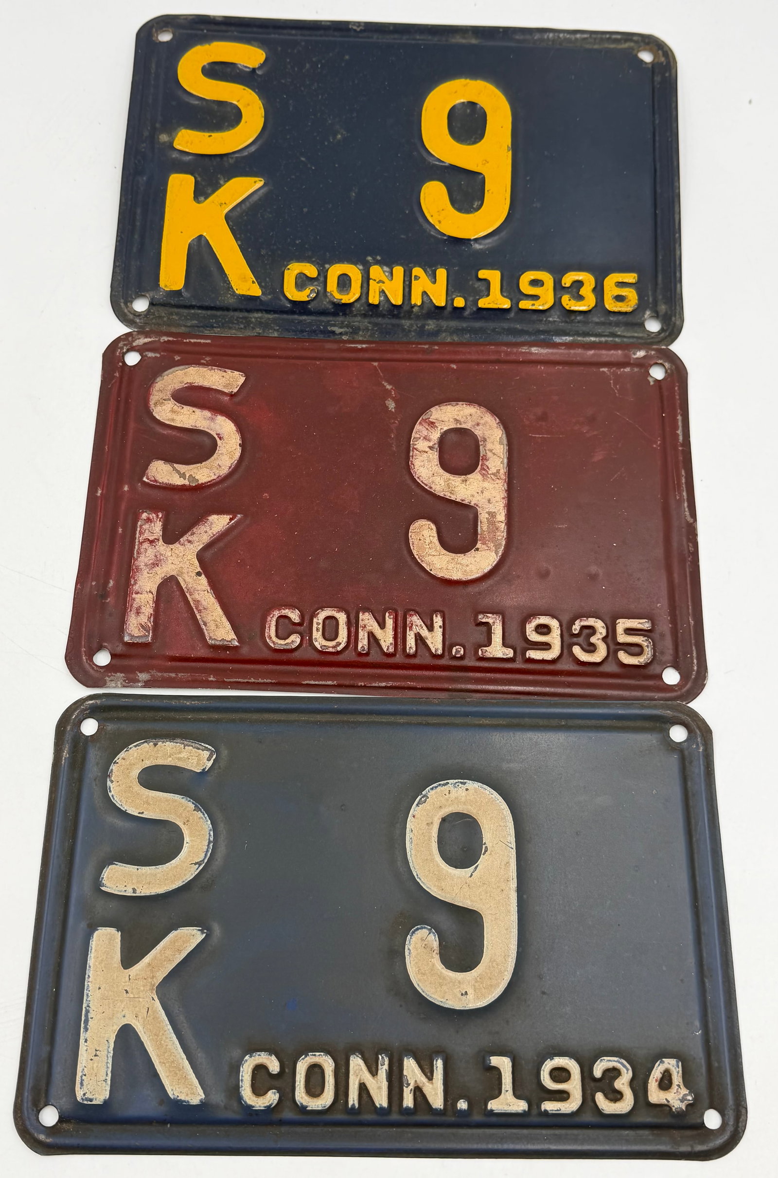 1934–1936 Connecticut SK License Plate Collection – 3 Plates (1 of 4)