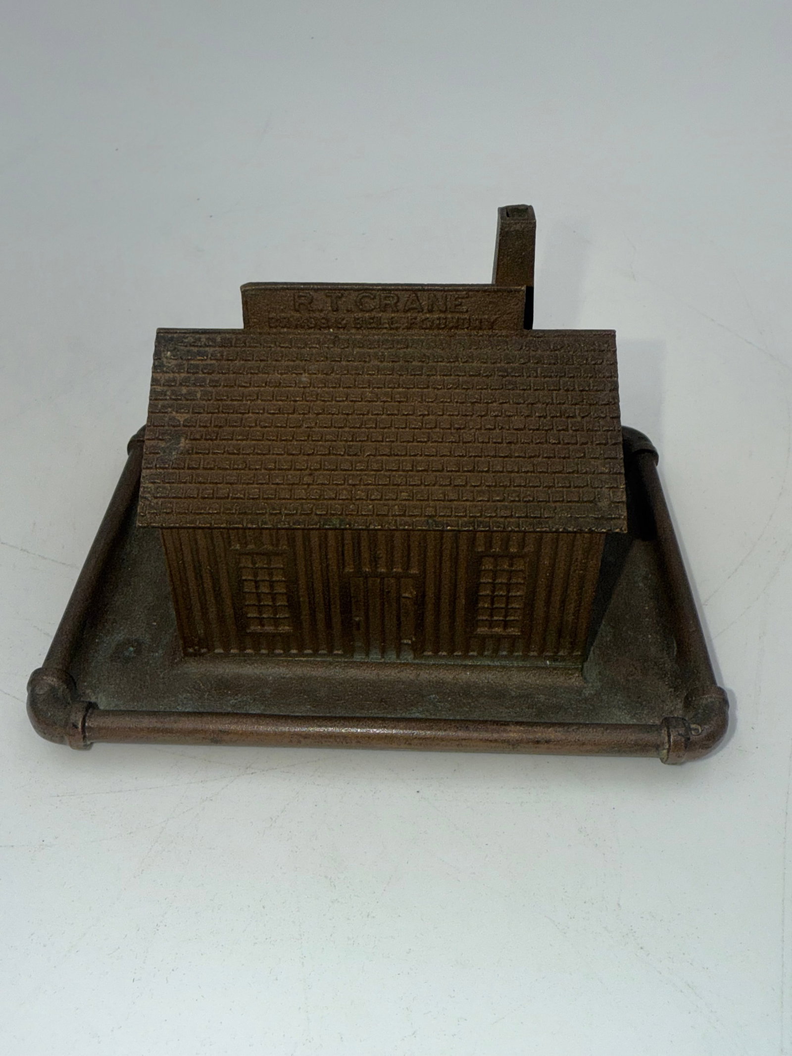 1925 R.T. CRANE CO. BRASS AND BELL FOUNDRY BUILDING PAPERWEIGHT: app. 4 1/4" long old brass building paperweight for crane co foundry. i believe this is suppose to be the original foundry from 1855. in good cond. full refund if not pleased. See pictures for more in