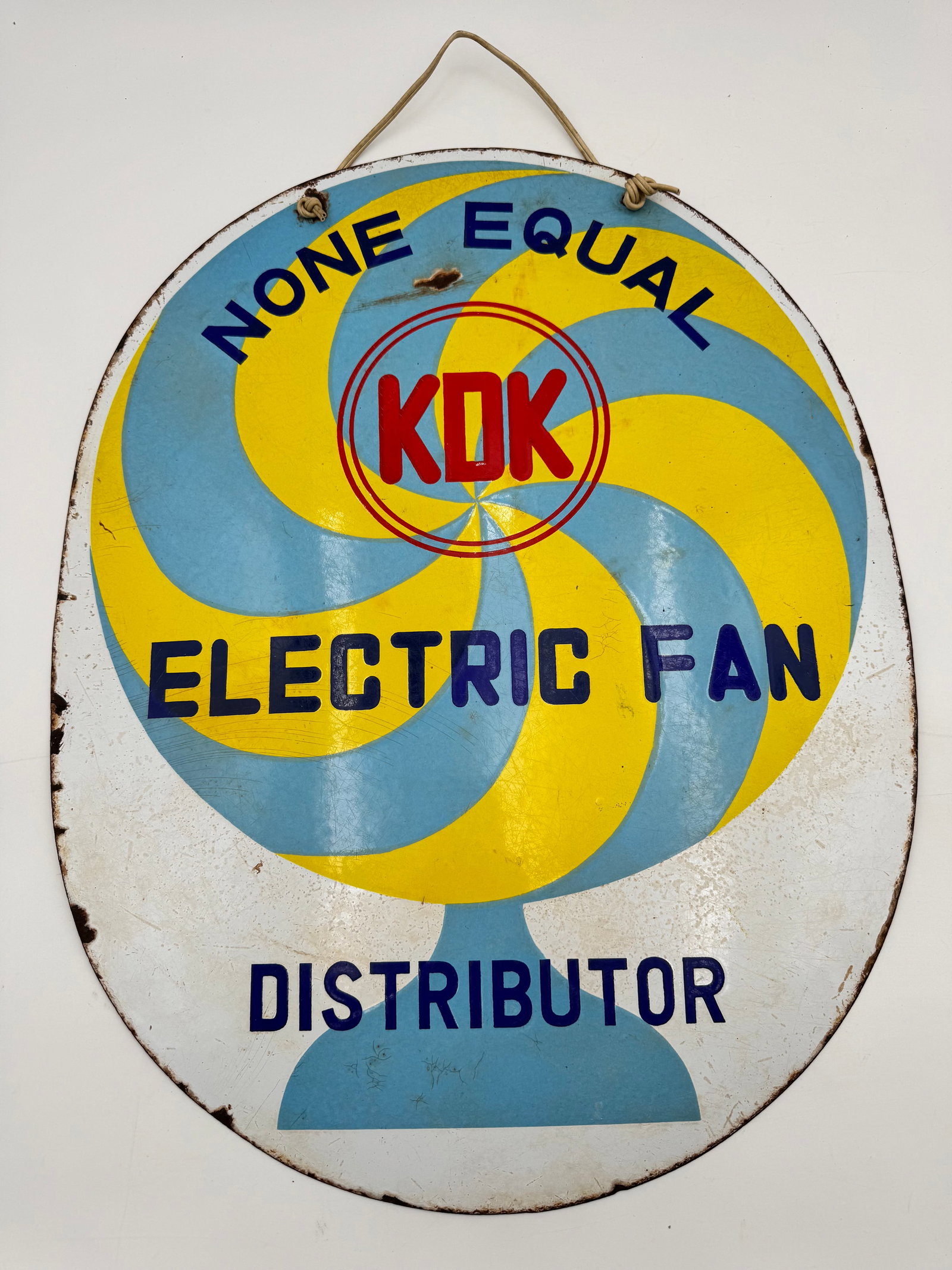 Vintage KDK Electric Fan Double Sided Porcelain Enamel Sign 22x18: Original vintage KDK Electric Fan double-sided porcelain enamel advertising sign measuring approximately 22 x 18 inches. This highly collectible sign features classic KDK branding and was likely used 