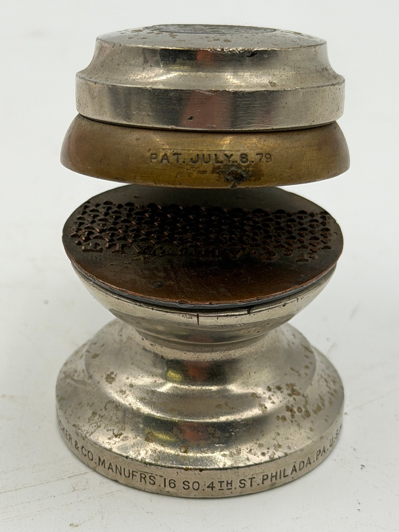 Antique 1879 Walker Tucker Embossing Seal: Antique Victorian-era embossing seal press manufactured by Walker Tucker & Co., Philadelphia, PA. Marked “PAT. JULY 8, 79.” Heavy nickel-plated construction with hinged press mechanism used fo