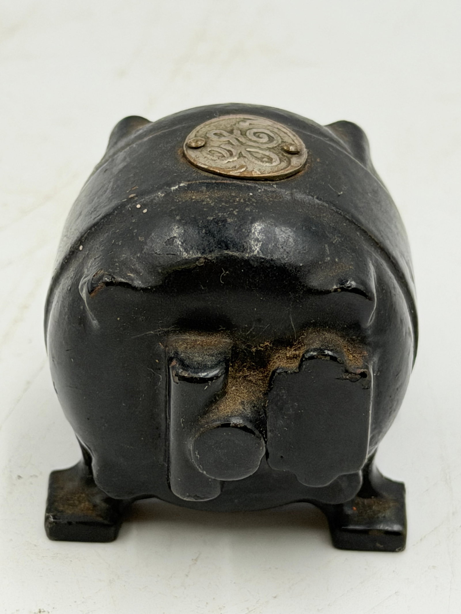 Vintage GE Cast Iron Industrial Motor Paperweight Display: Vintage General Electric cast iron miniature motor or generator display piece with raised GE emblem on top. Heavy industrial-style construction with original black painted finish and aged patina. Grea