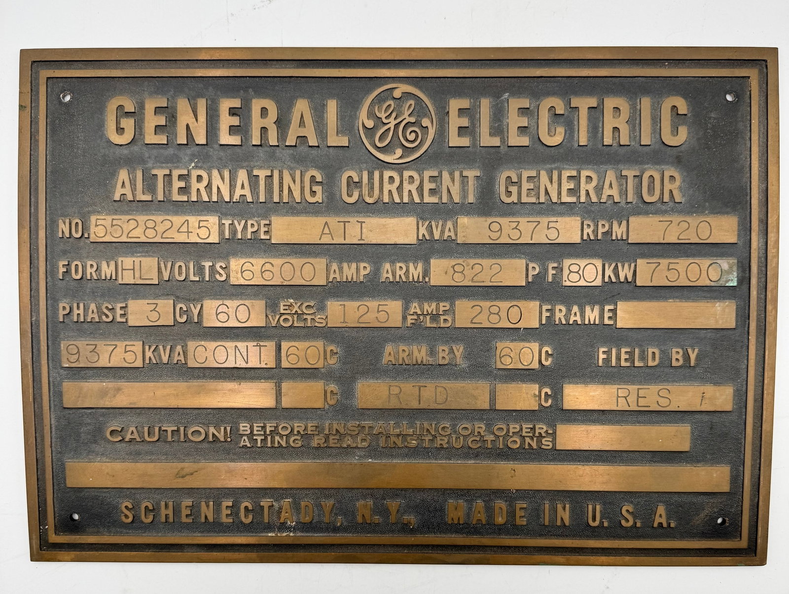 Vintage GE General Electric Generator Brass Data Plate (1 of 4)
