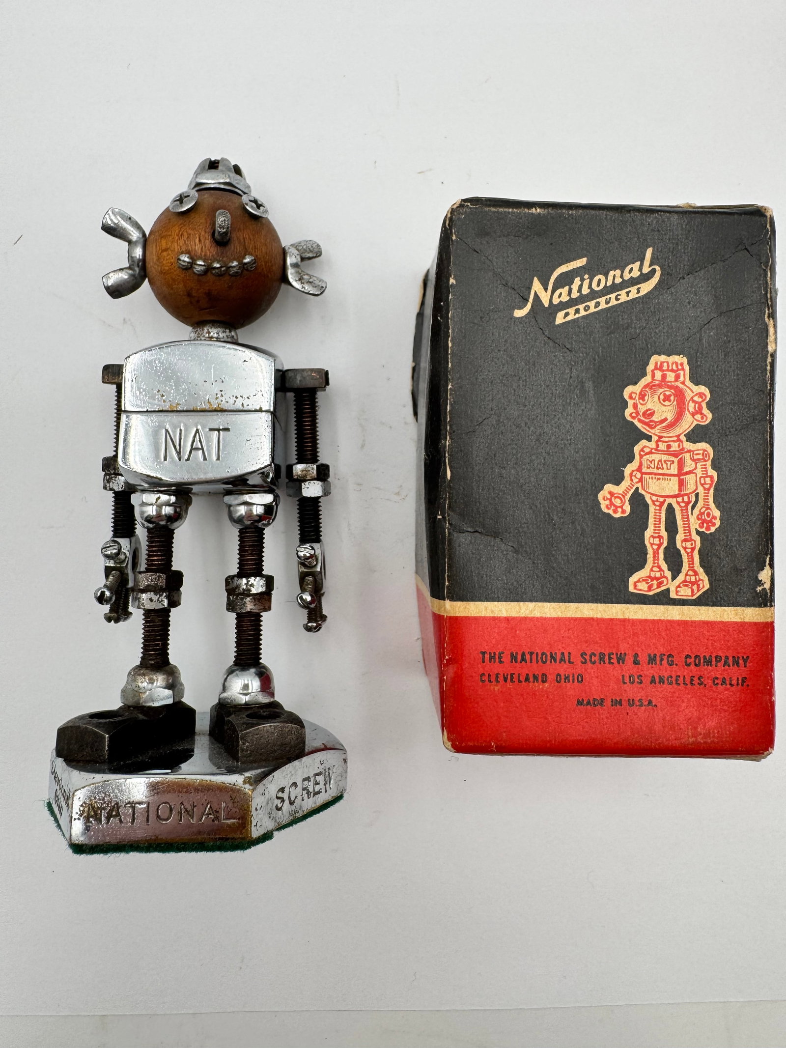 Rare Vintage National Screw & MFG Co Robot Advertising Display Figure Cleveland Ohio: Vintage advertising robot figure from The National Screw & Manufacturing Company of Cleveland, Ohio and Los Angeles, California. This whimsical mid-century promotional display features a handmade indu