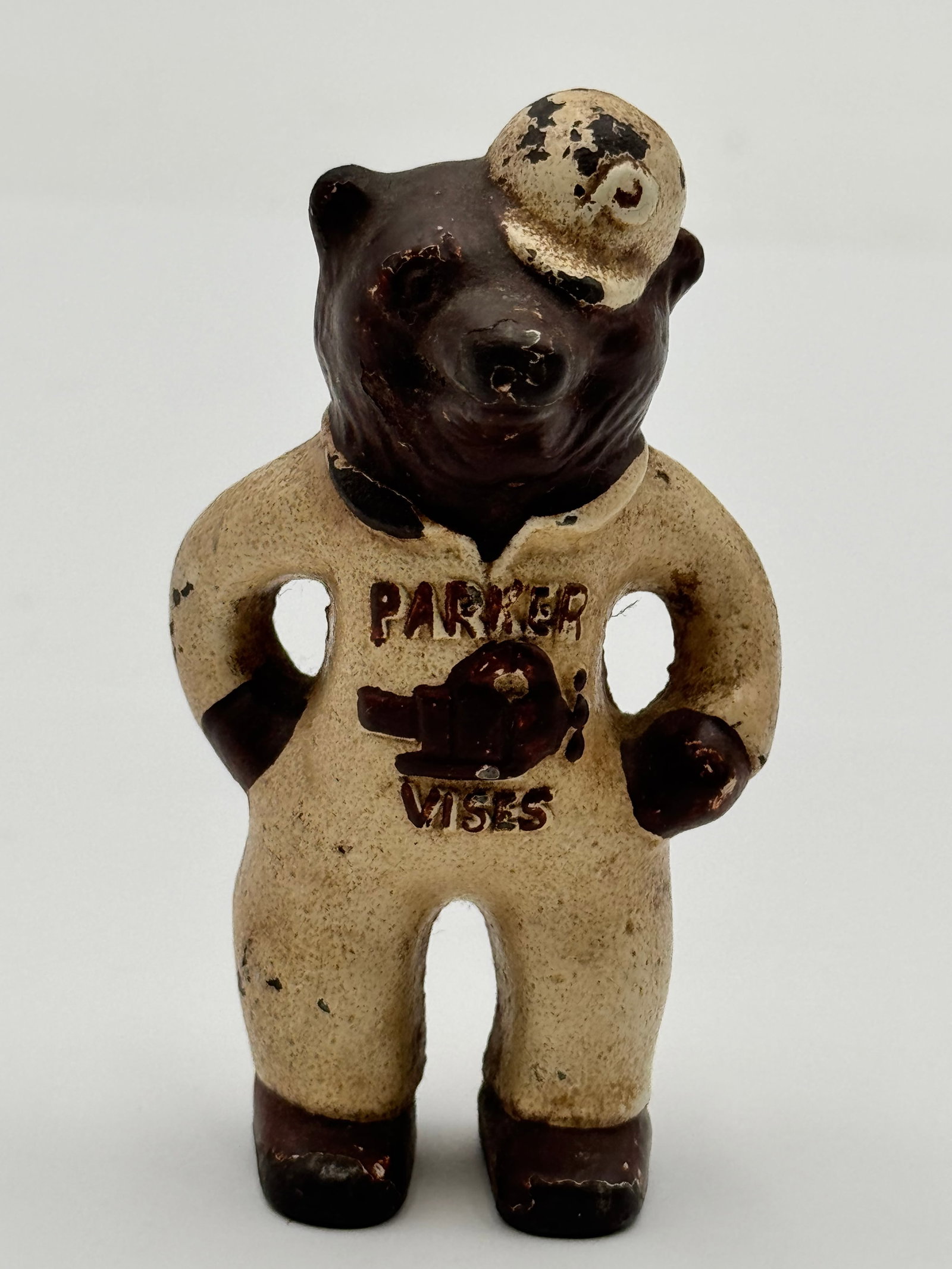 Ultra Rare Parker Vises Cast Iron Bear Mascot Advertising Figure w/ Original Paint: Rare original Parker Vises cast iron advertising bear mascot/paperweight featuring original painted finish and embossed “Parker Vises” chest graphic. Exceptional industrial advertising collect