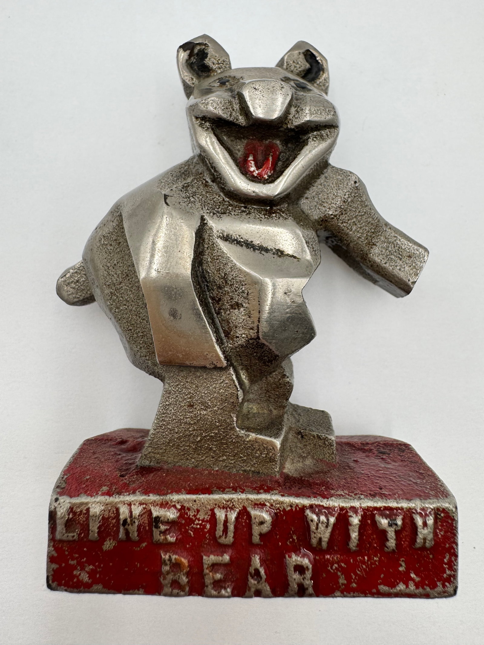 Vintage Braker Bear Line-Up Bear Advertising Figure Wheel Alignment Display: Bear” advertising figure related to automotive wheel alignment service equipment. Constructed from painted metal with charming bear mascot design and classic mid-century garage advertising