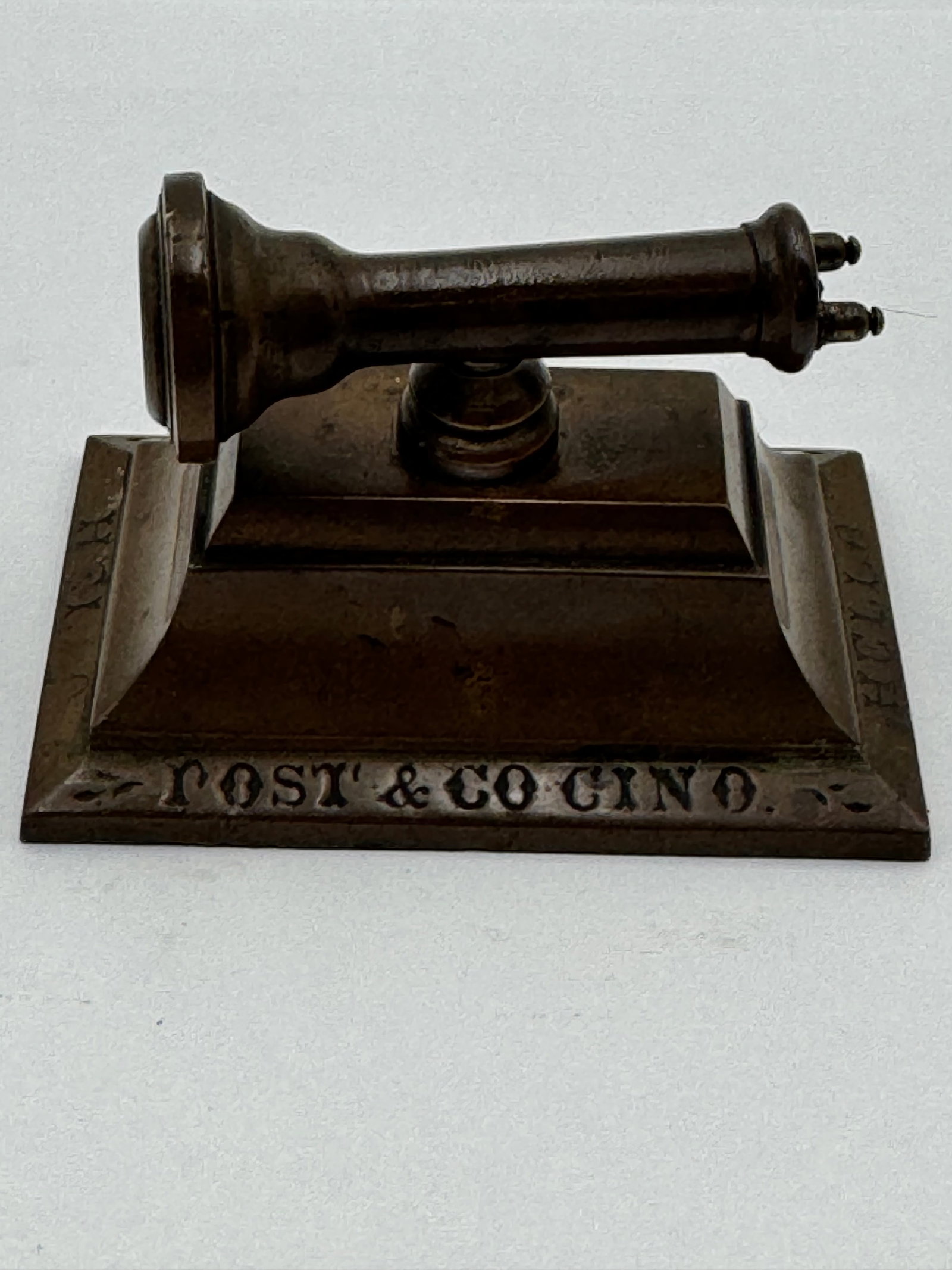 Antique Post & Co Cincinnati Hand Relief Stamp Press Cast Iron Seal Embosser: Antique hand relief stamp press from the early 20th century marked “POST & CO CINO,” likely associated with Cincinnati, Ohio manufacturing. Features heavy cast iron or bronze construction with