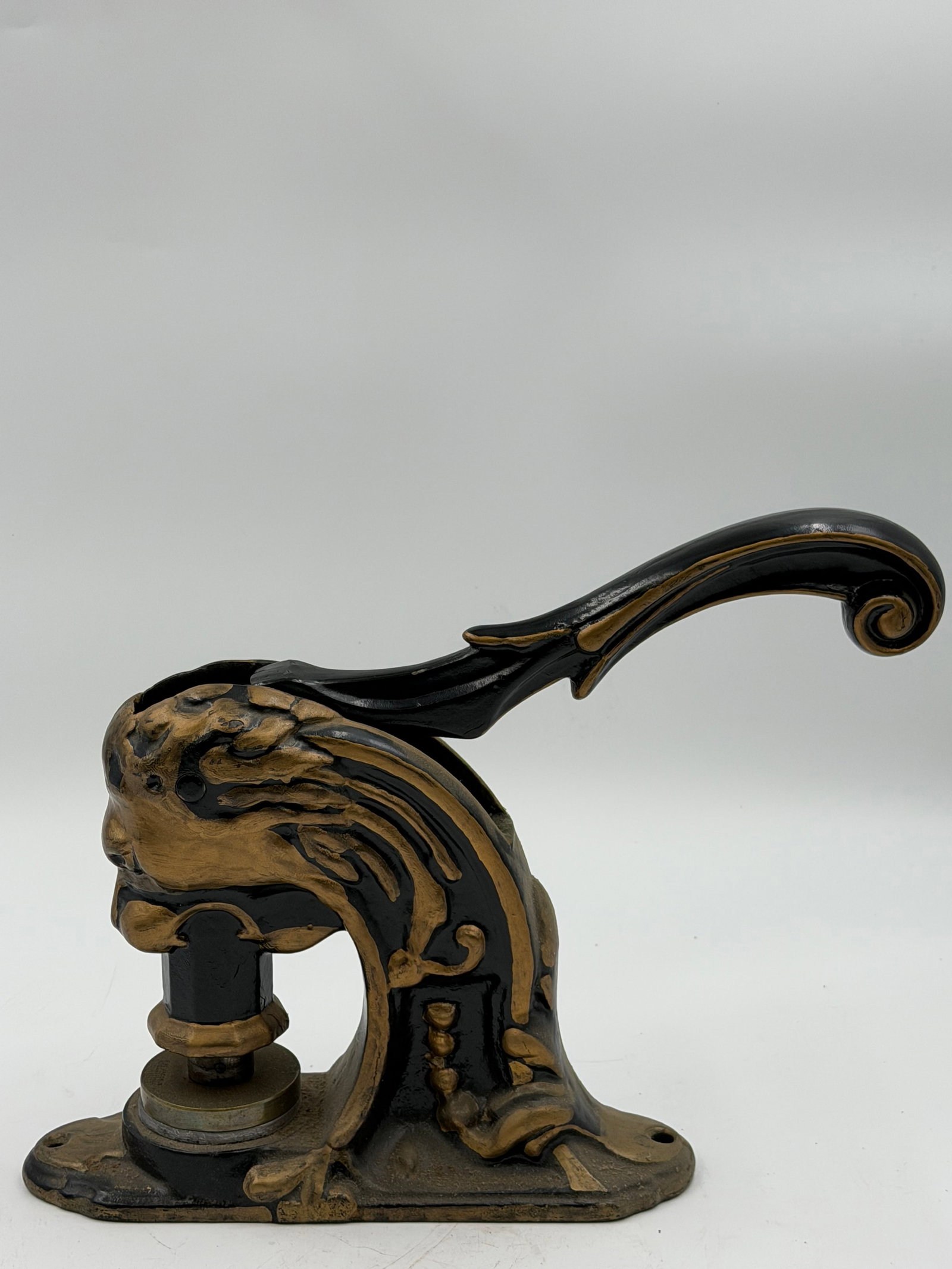 Antique cast iron embossing seal press with ornate lion head and scroll handle design. Features a de (1 of 7)
