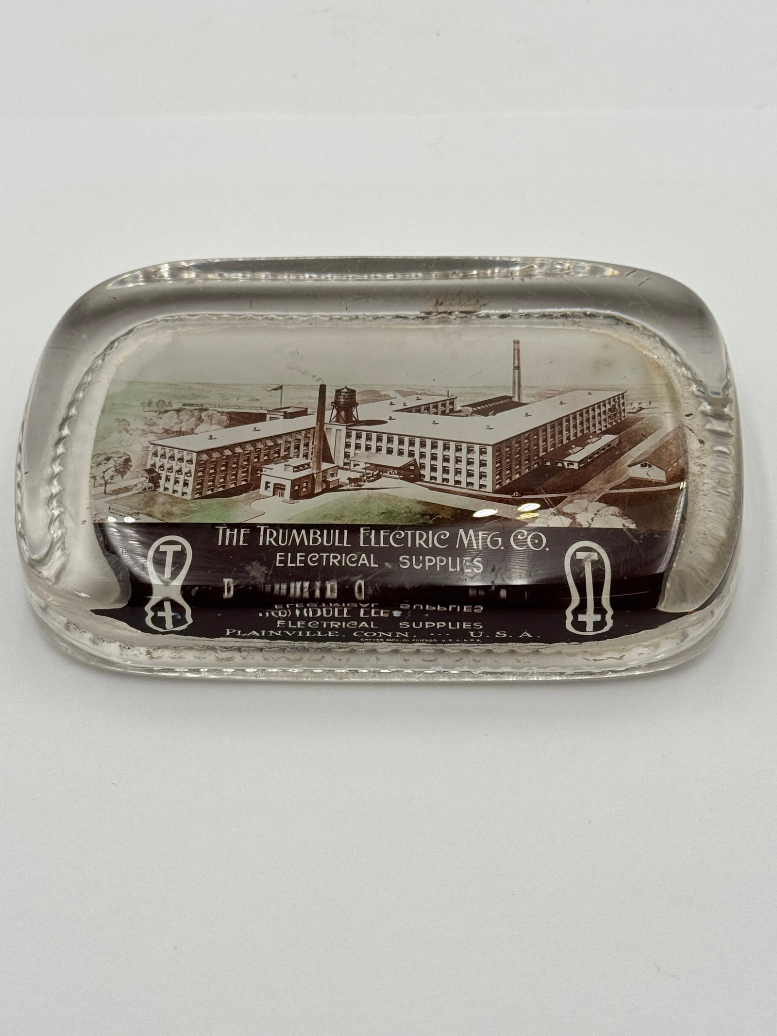 Antique Trumbull Electric Manufacturing Co Factory Glass Paperweight Plainville CT (1 of 5)
