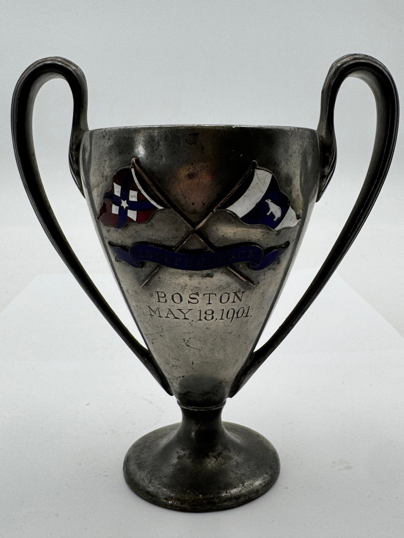 Antique Reed & Barton Sterling Silver Yacht Trophy Cup Boston May 18 1901: Exceptional antique sterling silver trophy cup by Reed & Barton, engraved:“BOSTON MAY 18, 1901”Features crossed nautical racing flags with beautiful original enamel decoration and banner readi