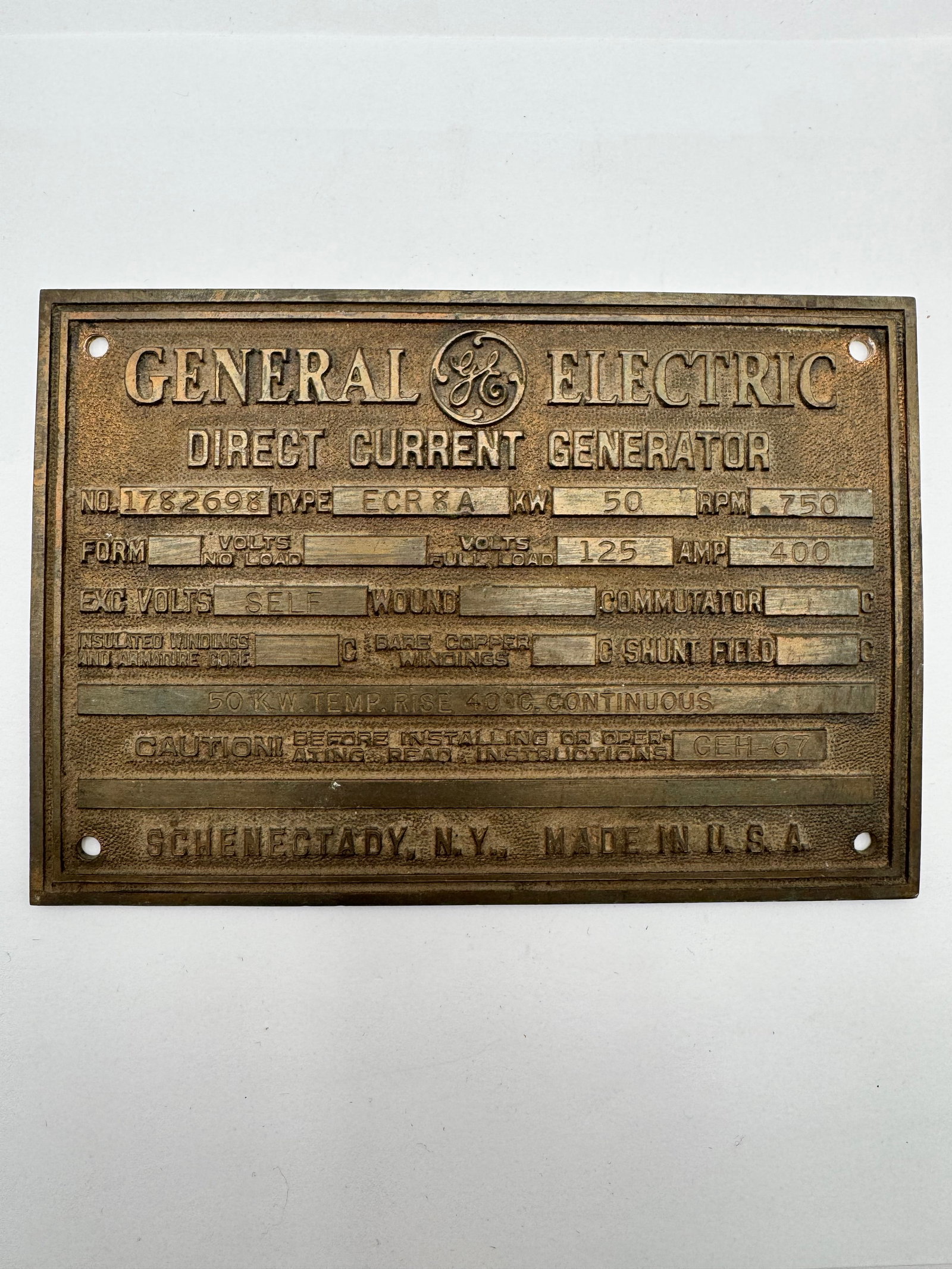 Antique General Electric GE Brass Generator Nameplate Plaque Schenectady NY: Original antique General Electric industrial brass equipment nameplate from a Direct Current Generator manufactured in Schenectady, New York, U.S.A.Heavy embossed brass plaque featuring detailed