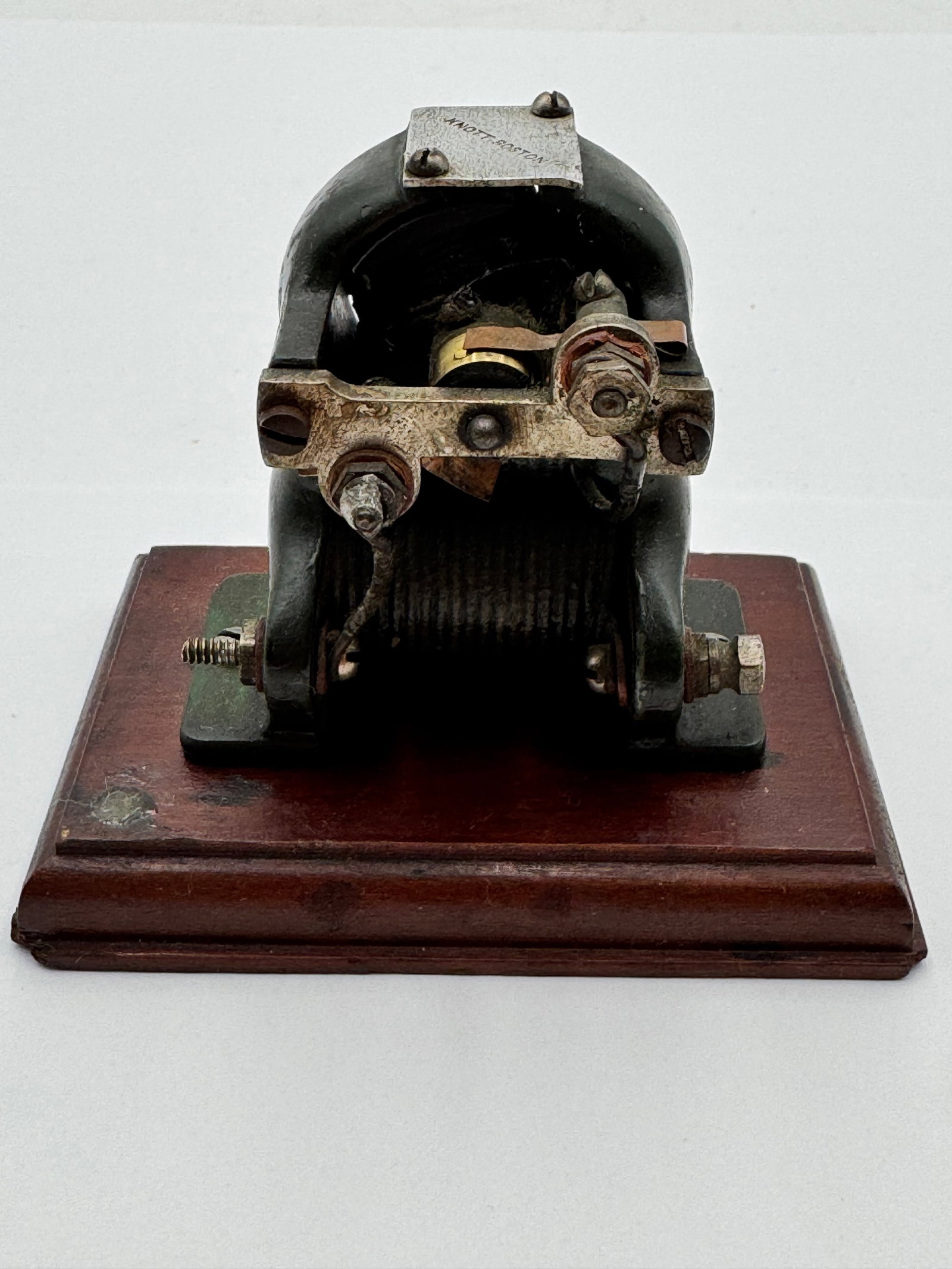 Antique Knott Boston Electric Telegraph Relay on Wood Base Scientific Instrument: Authentic antique Knott Boston electrical relay or telegraph component mounted on its original wood display base. Early electrical/scientific apparatus featuring exposed copper windings, contact