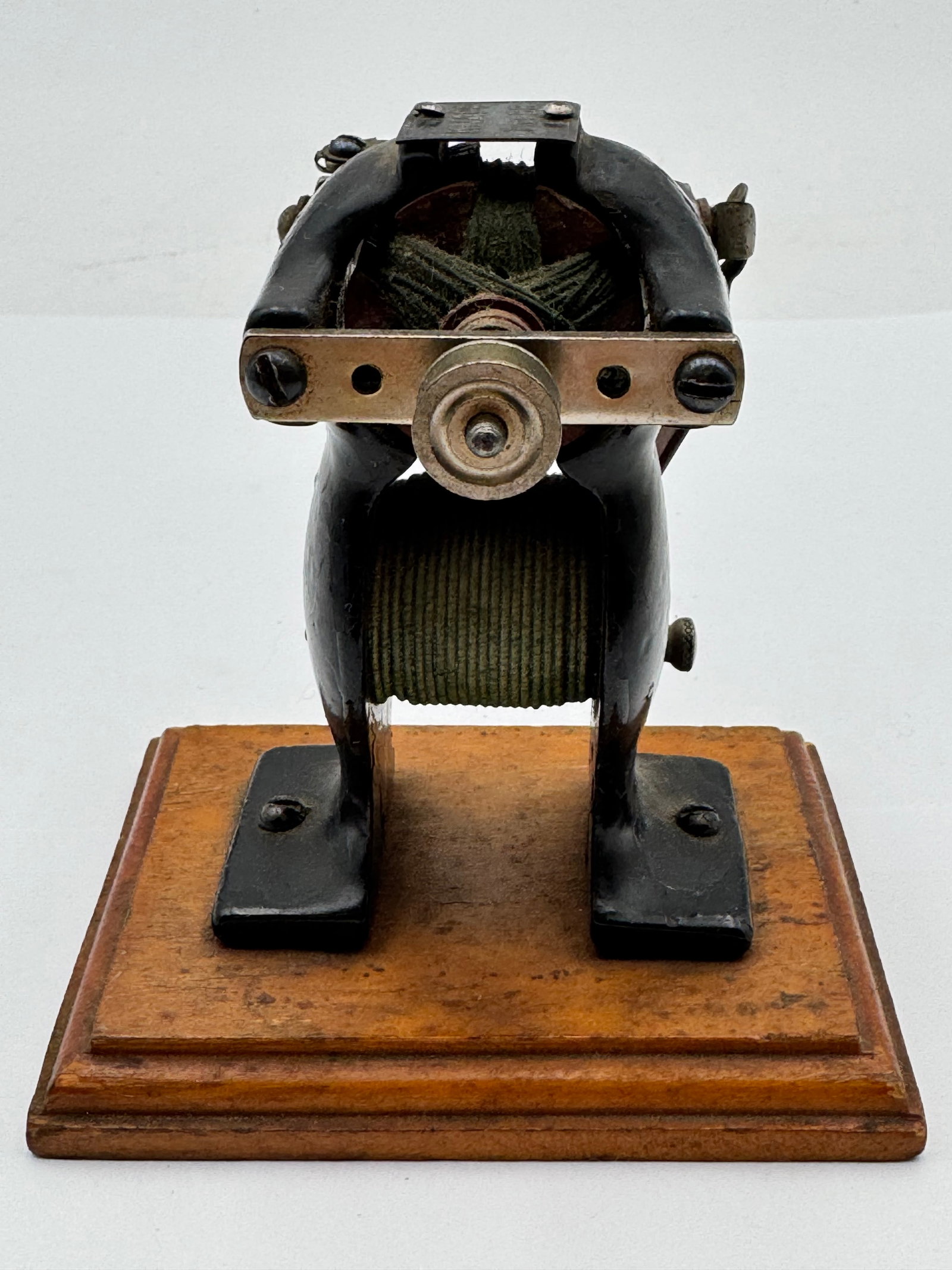Antique Knapp Type BB Telegraph Relay Electrical Coil Instrument on Wood Base: Original antique Knapp Type BB telegraph/electrical relay instrument mounted on a wood display base. Features exposed coil windings, adjustable contact arm, and heavy cast metal body typical of early