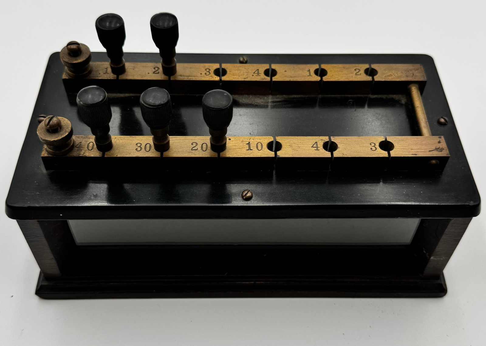 Museum Antique Electrical Resistance Box Engineering Lab Instrumen: Antique electrical resistance box or rheostat featuring brass contact bars, plug terminals, visible resistance coils, and glass-front wooden case. Used in early physics and engineering laboratories