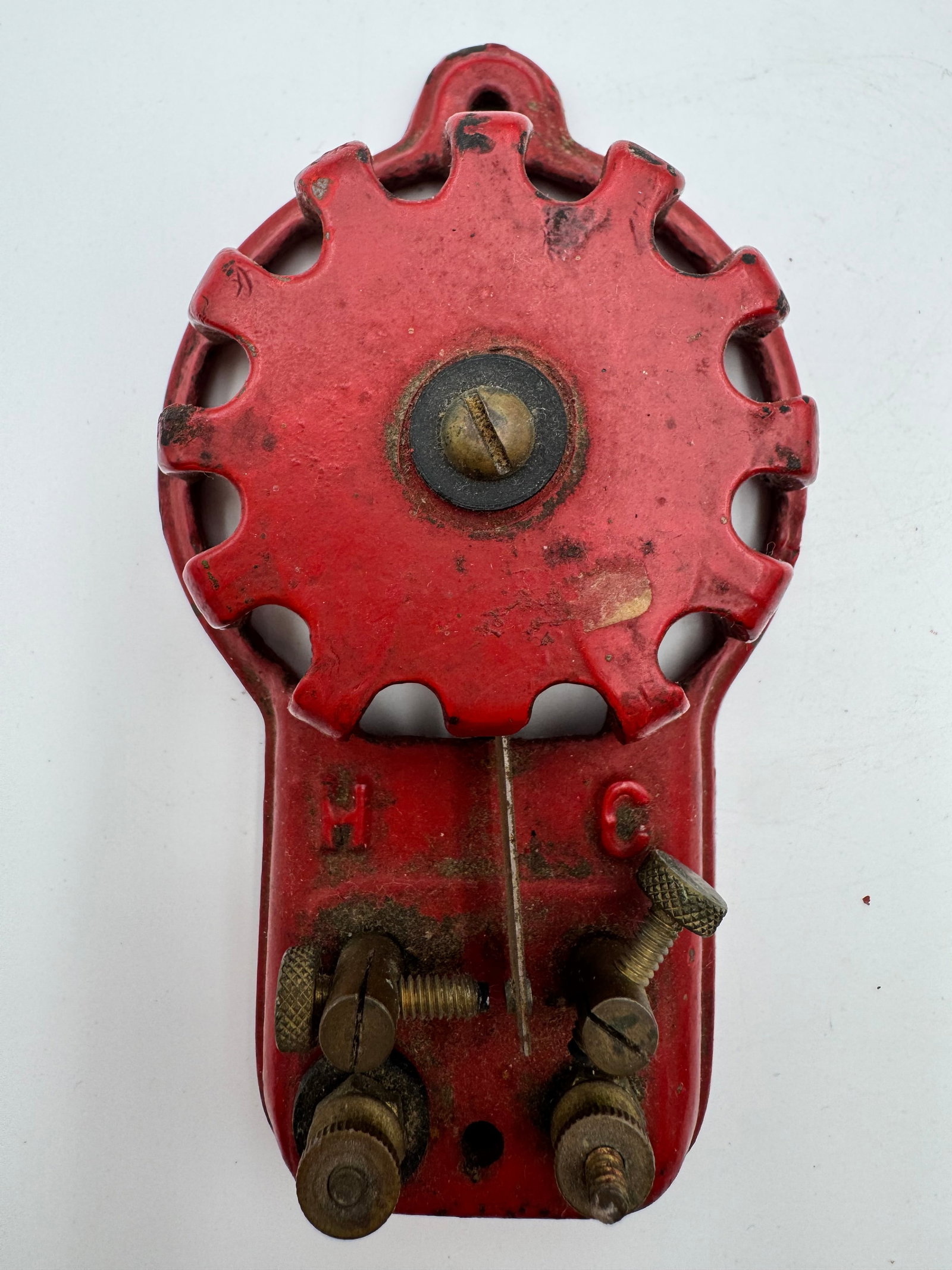 Antique Patented Telegraph Sounder Morse Code Device Red Cast Iron Electrical: Marked “PAT’D” on base, indicating an early patented electrical or telegraph-related device. Features original red finish, brass hardware, and unusual geared wheel design with strong industr