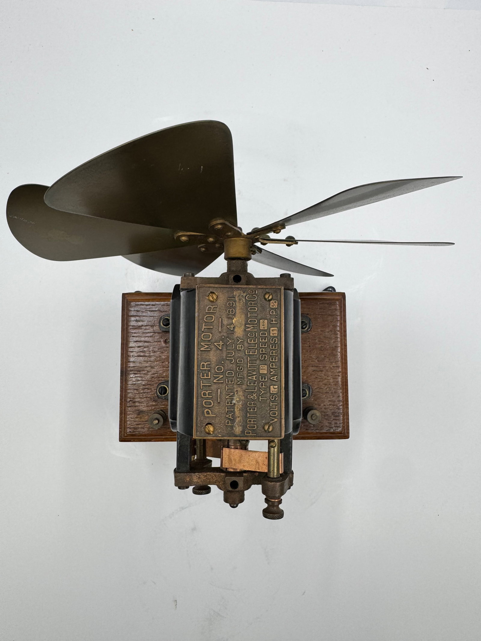 Antique 1890s Bipolar Porter Motor No. 4 Brass Blade Fan Porter & Leavitt Electric Motor Co - 5