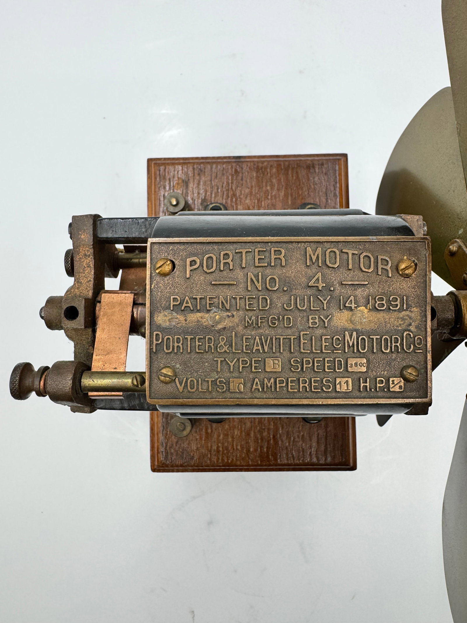 Antique 1890s Bipolar Porter Motor No. 4 Brass Blade Fan Porter & Leavitt Electric Motor Co - 7