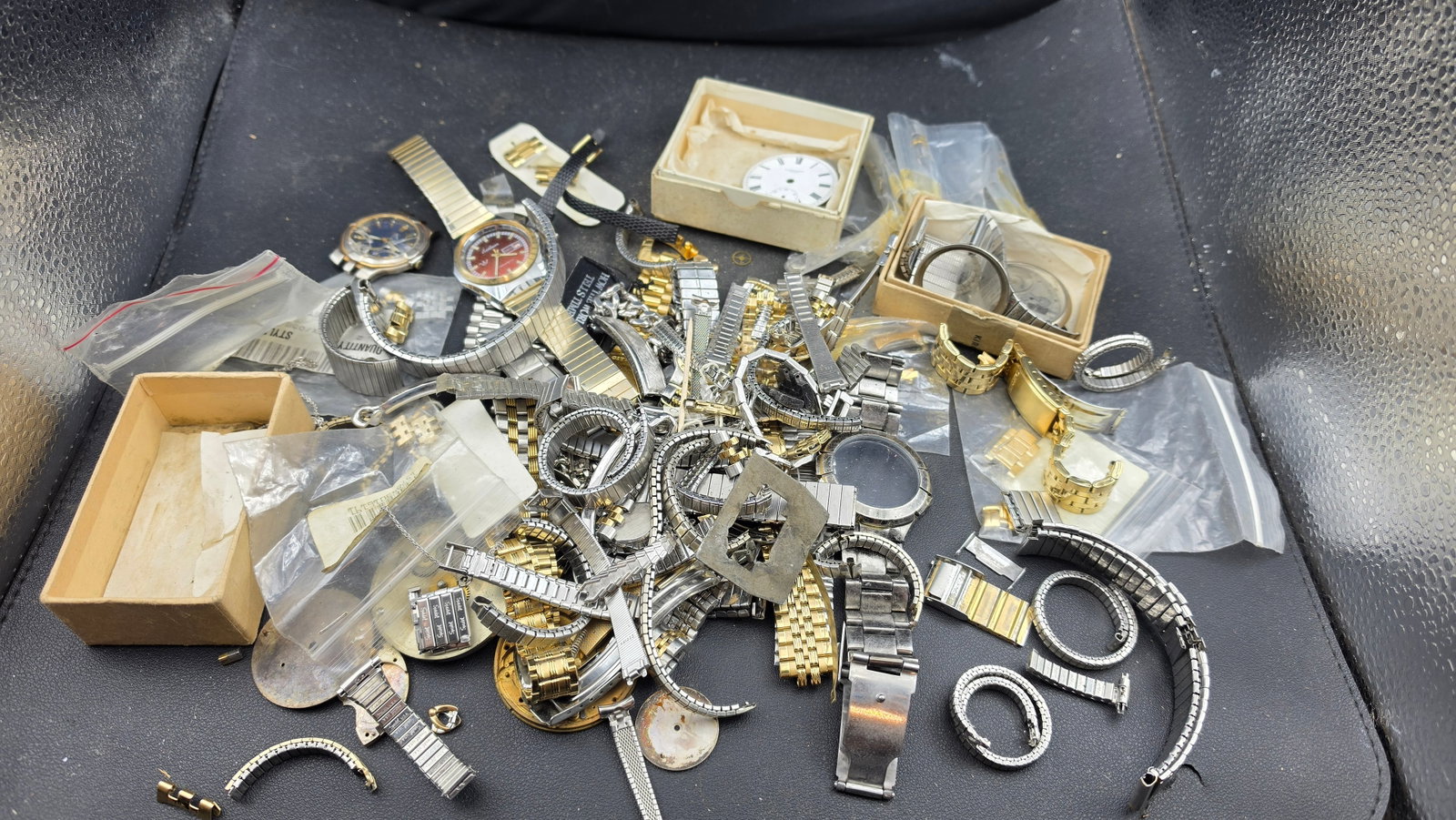 Huge Watch Parts Lot Bands Cases Dials Movements Pocket Watch Incabloc Swiss Repair Scrap NOS (1 of 7)