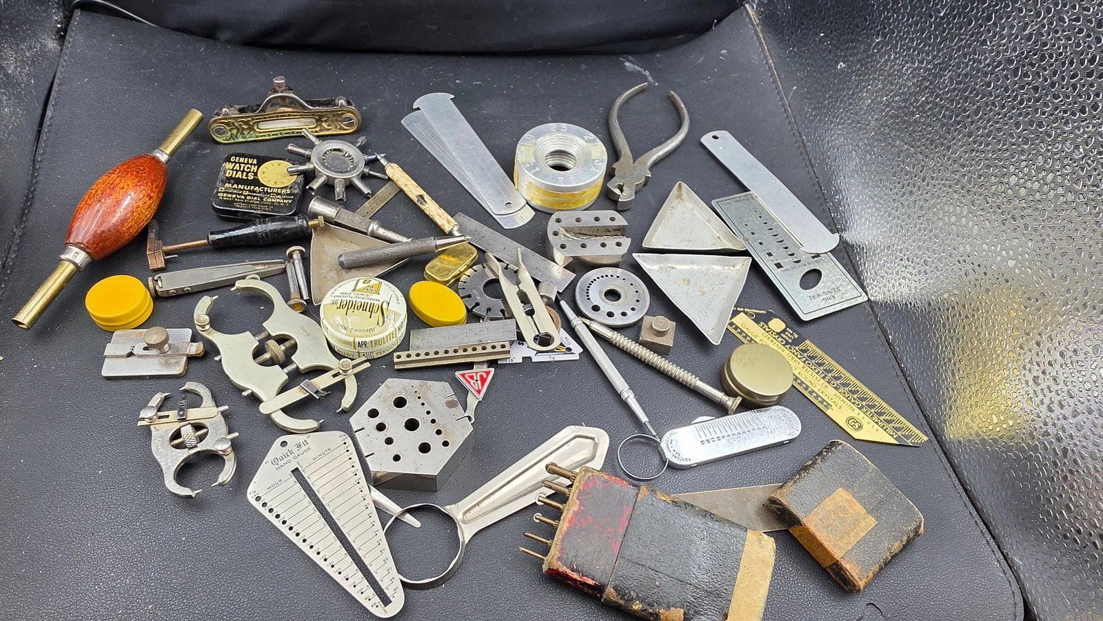 Vintage Watchmaker's Bench Tool Collection — Geneva Watch Dials Tin, Hand Gauges, Crystal Pliers, (1 of 5)