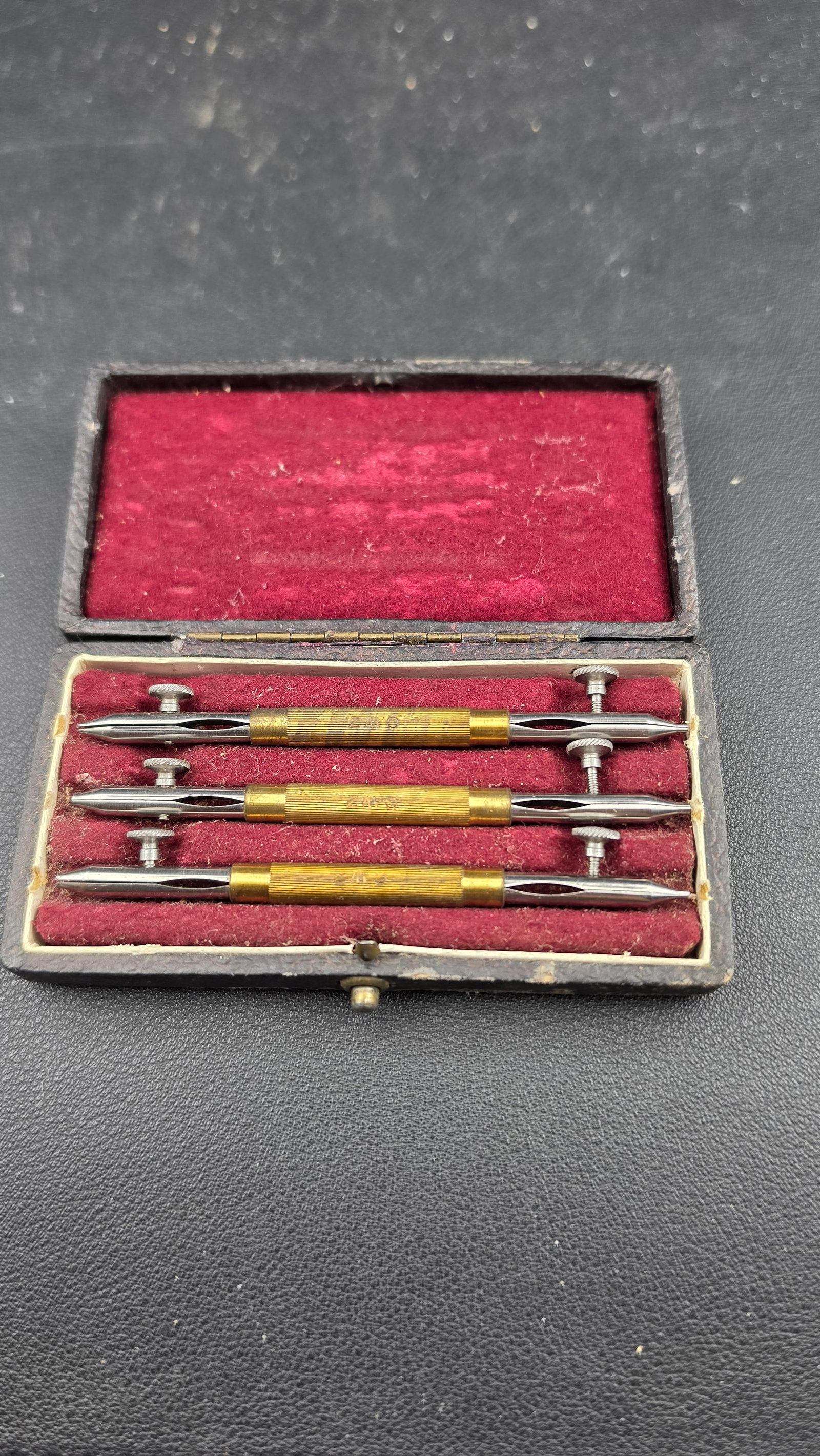 Antique Watchmaker's Cased Set of Three Lathe Runner Arbors in Original Black Case c. Late (1 of 6)
