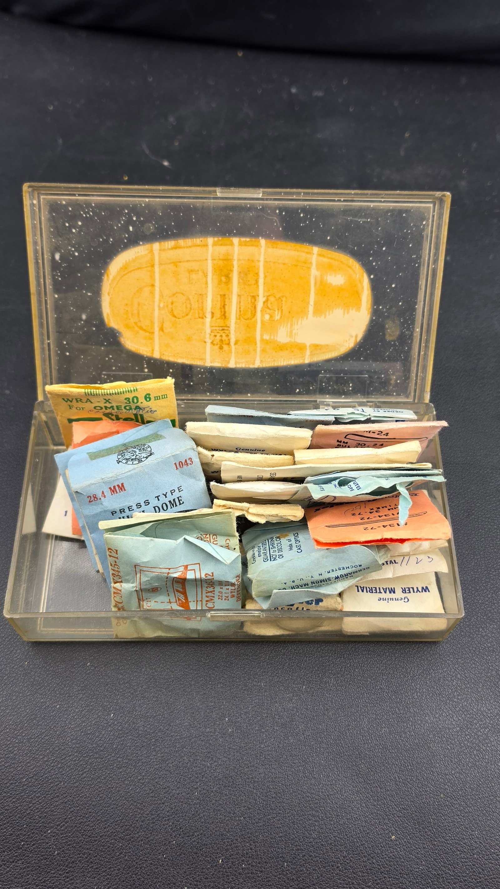 Vintage NOS Watch Crystal Assortment in Corina Larks Cigar Box — Omega, Wyler & More c. (1 of 4)