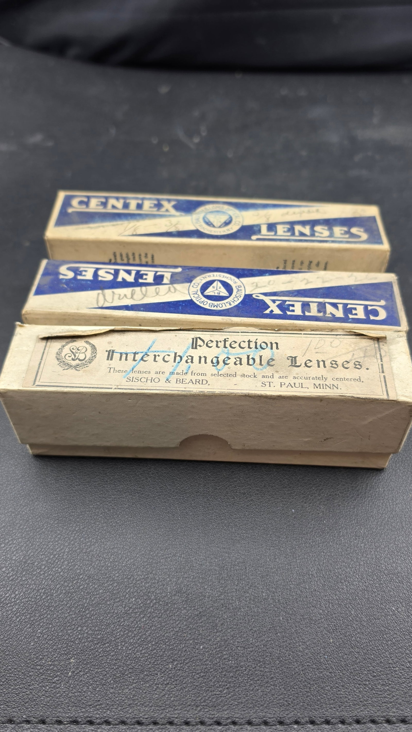 Lot of 3 Boxes Vintage Optician Lens Stock Bausch Lomb Centex Sischo Beard ca. 1920s-1940s (1 of 3)