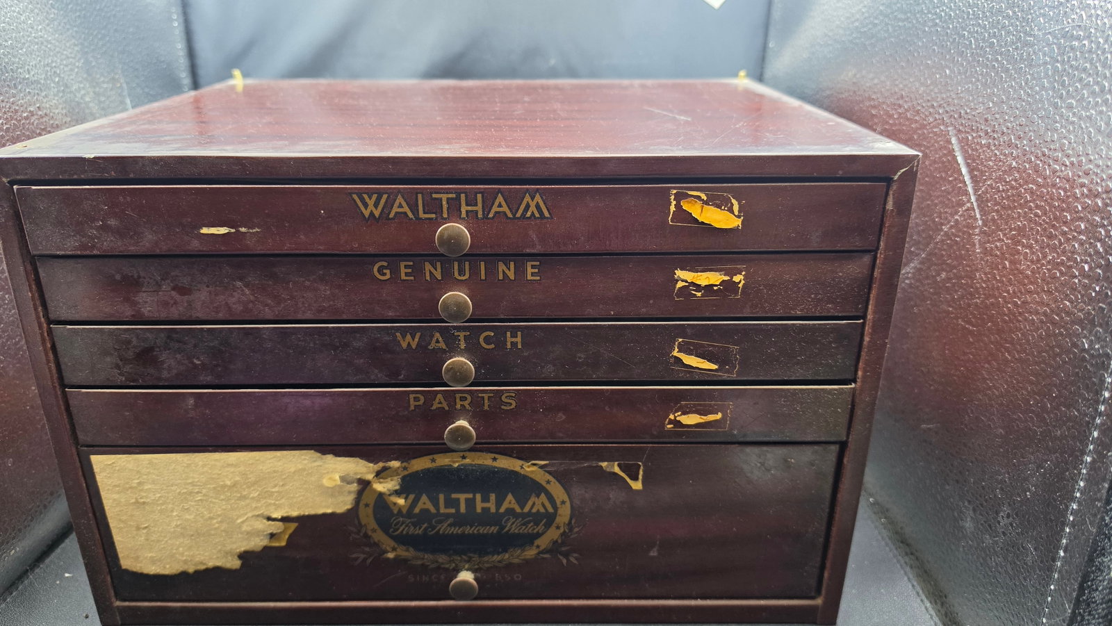 Waltham "Genuine Watch Parts" 5-Drawer Factory Cabinet w/ Vials & Parts Assortments ca. 1940s-1950s (1 of 15)
