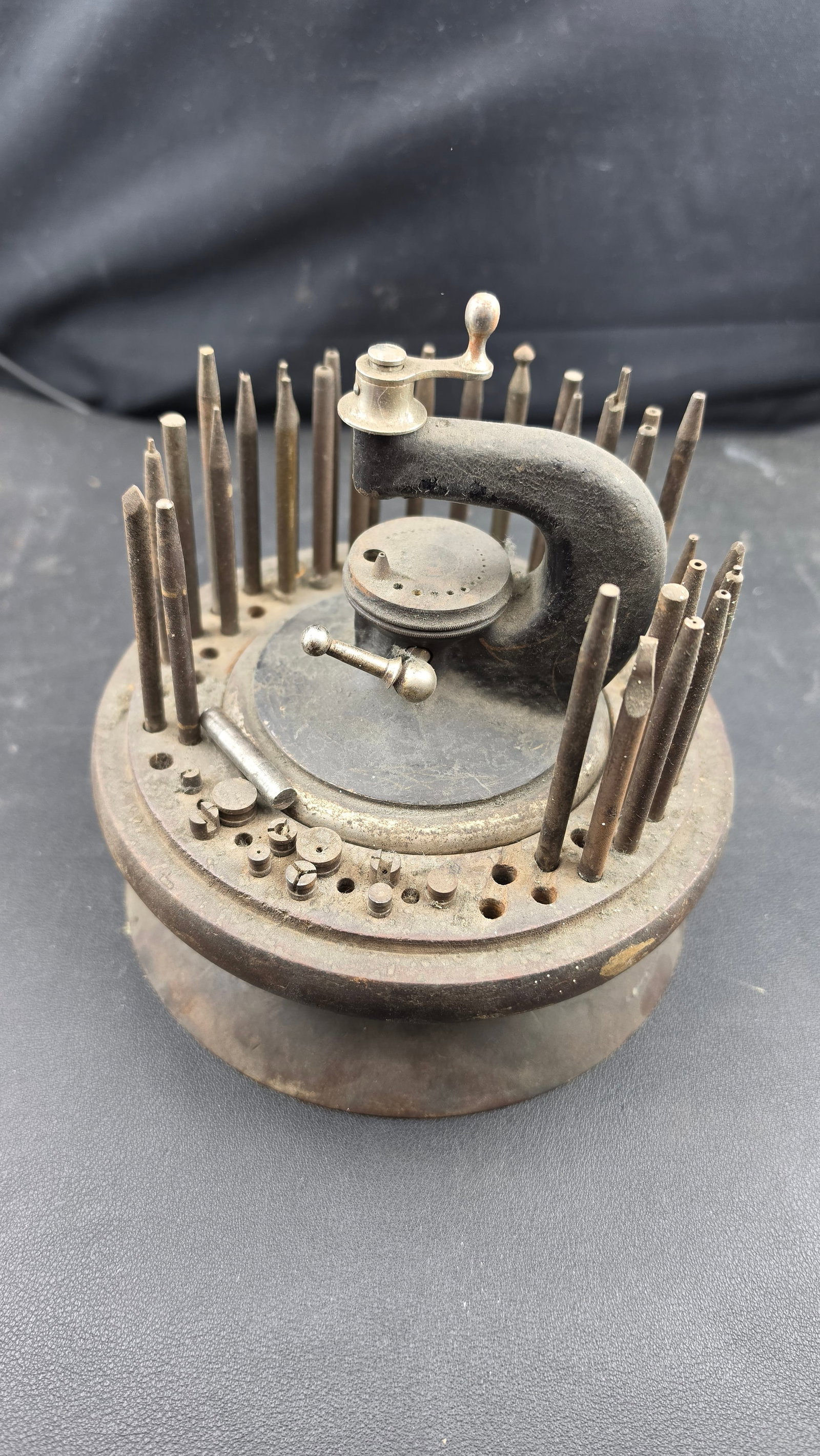 Antique Watchmaker's Circular Round-Base Staking Set with C-Frame Press & Stakes ca. 1890s-1910s (1 of 4)