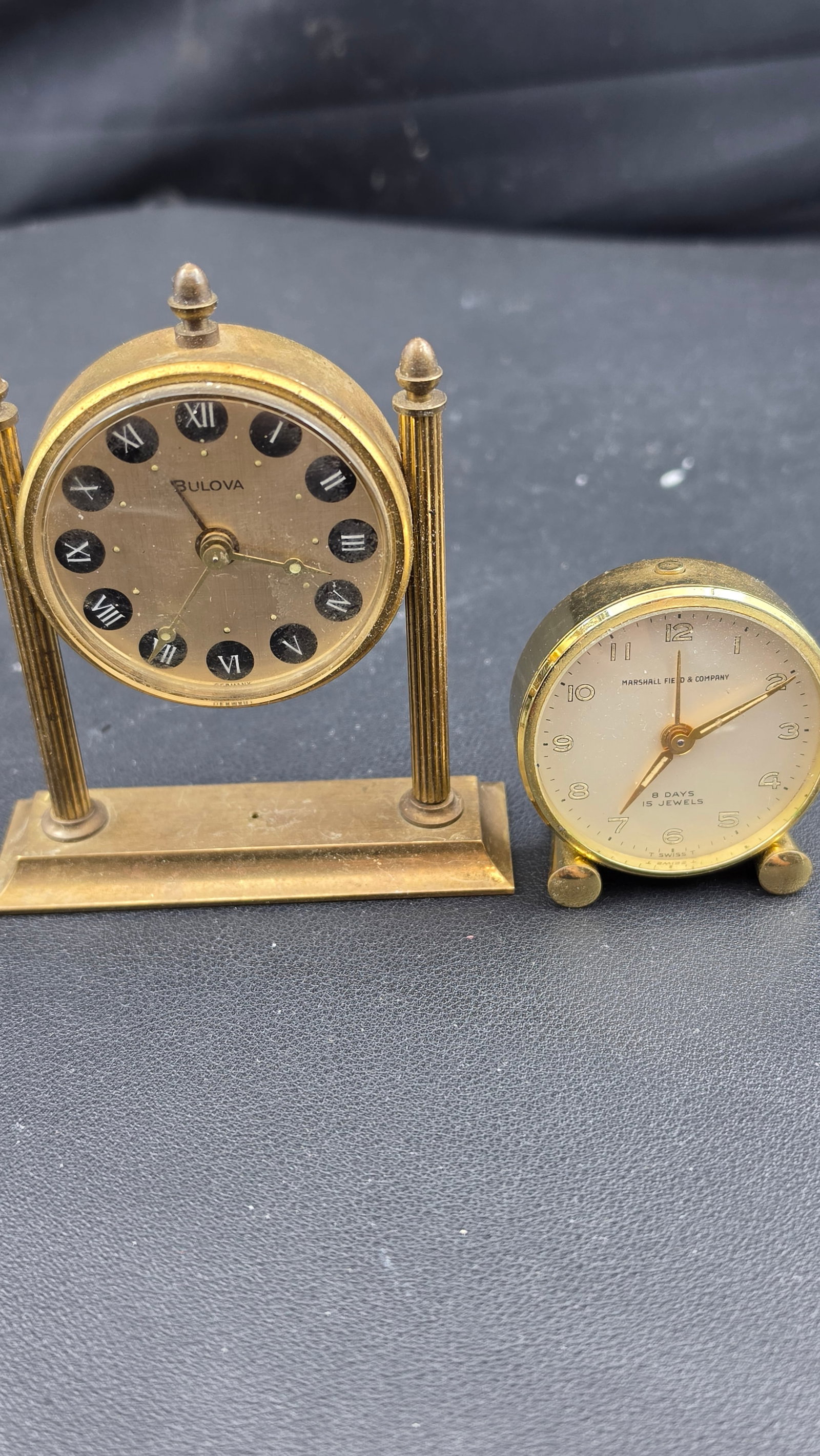 Vintage 1960s Bulova German Arch Desk Clock & Marshall Field & Co Swiss 8-Day 15-Jewel Alarm Clock L (1 of 10)