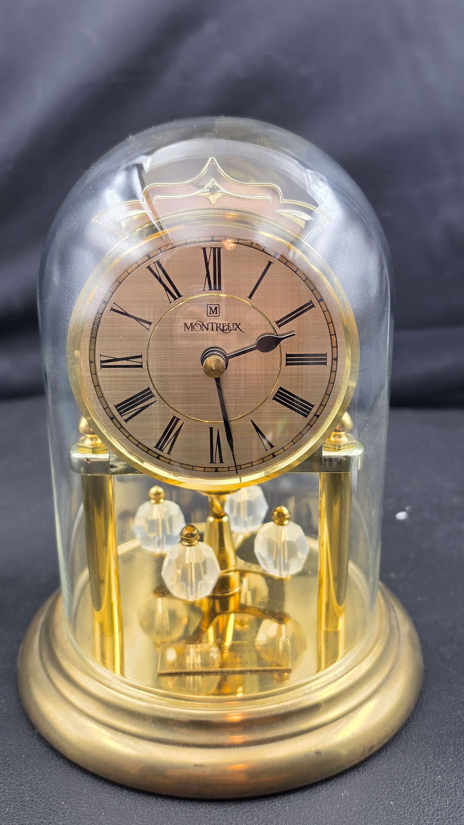 1994 Montreux West Germany Quartz Anniversary Clock Glass Dome Crystal Pendulum Hermle Movement Corp (1 of 5)