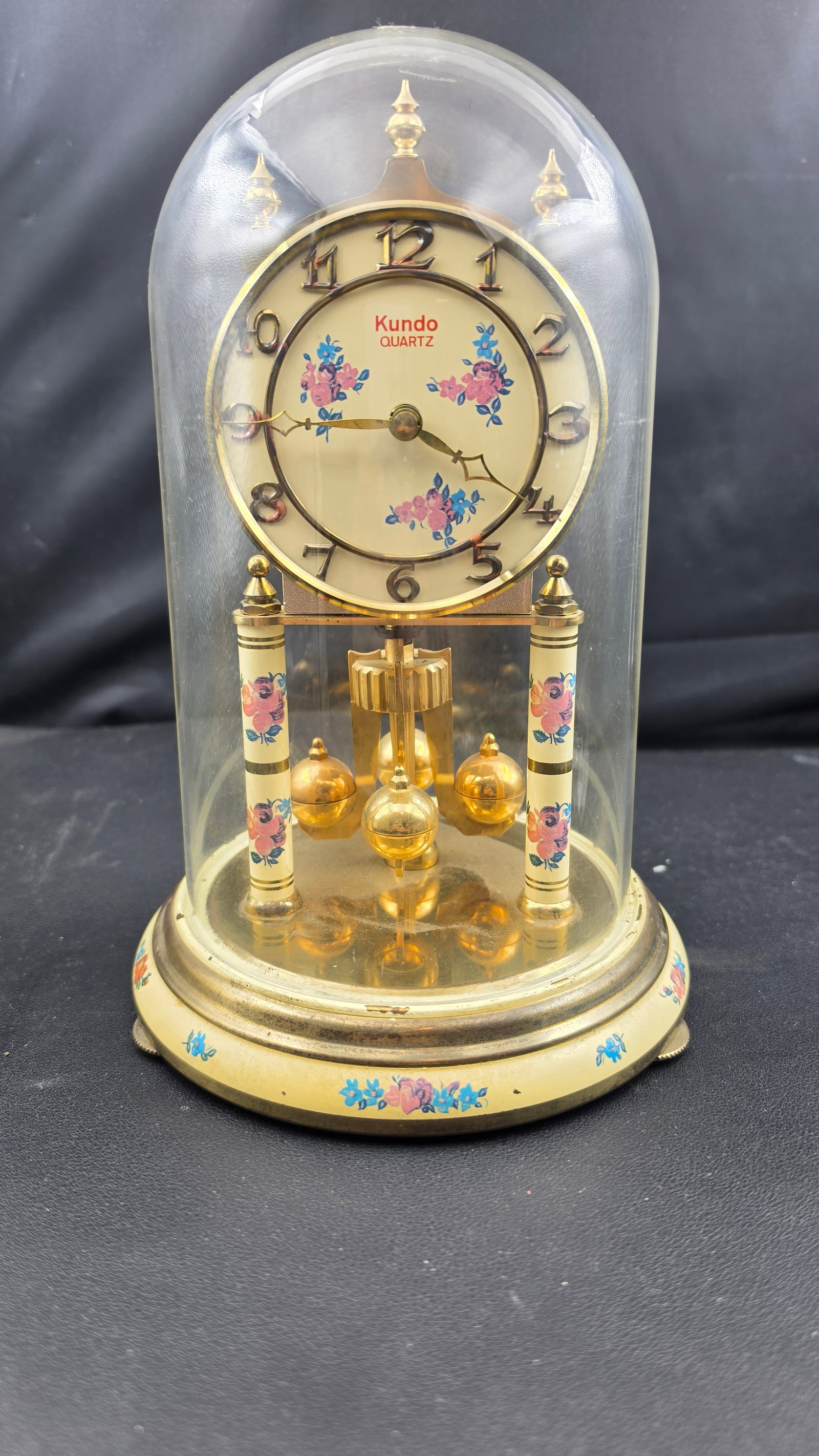 Vintage 1980s Kundo Quartz Anniversary Clock Germany Floral Dial Painted Columns Glass Dome Kieninge (1 of 7)