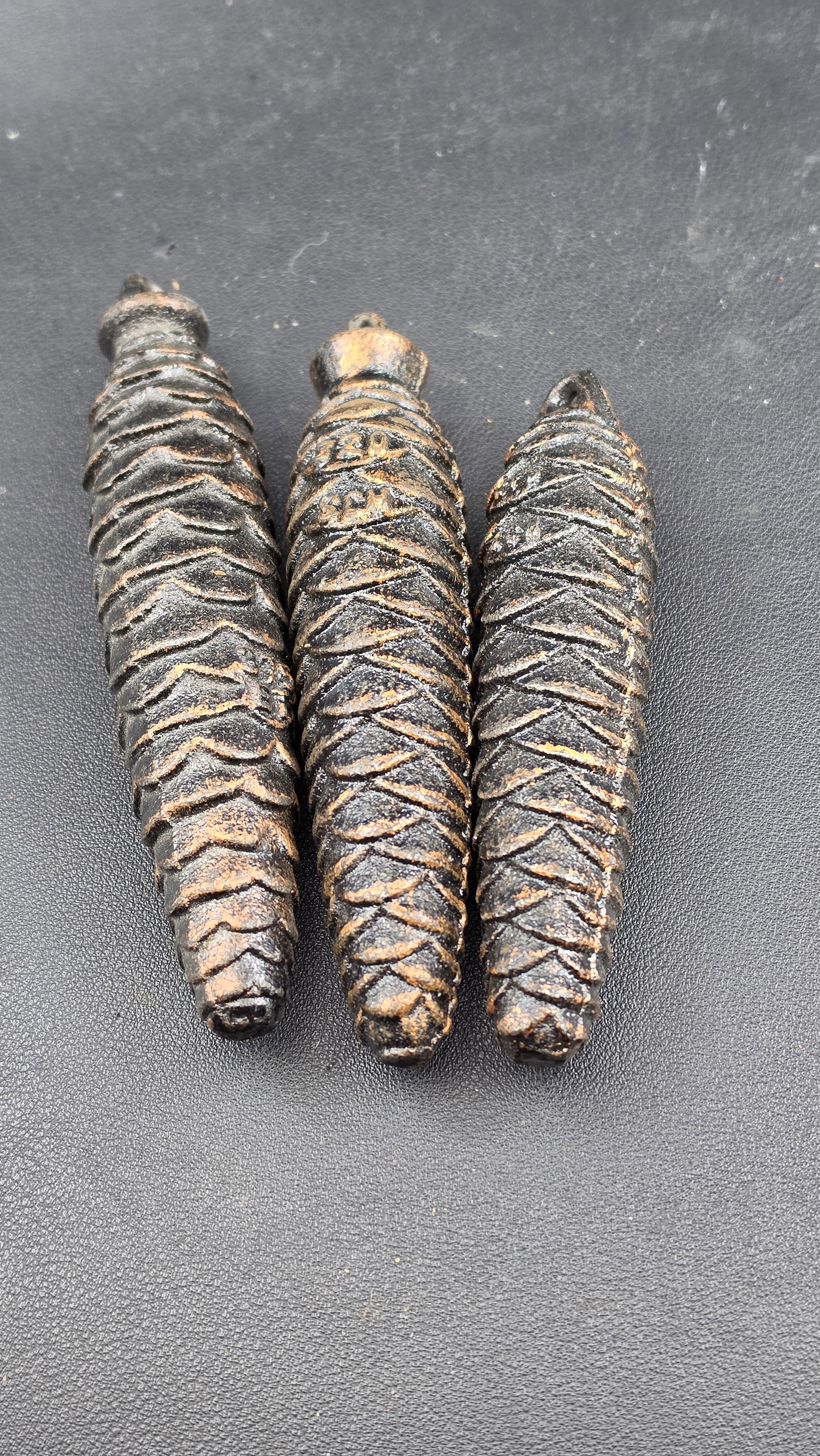 Lot of 3 Vintage Cast Iron Pinecone Cuckoo Clock Weights Black Forest Germany Mixed Sizes ca. Mid 19 (1 of 6)