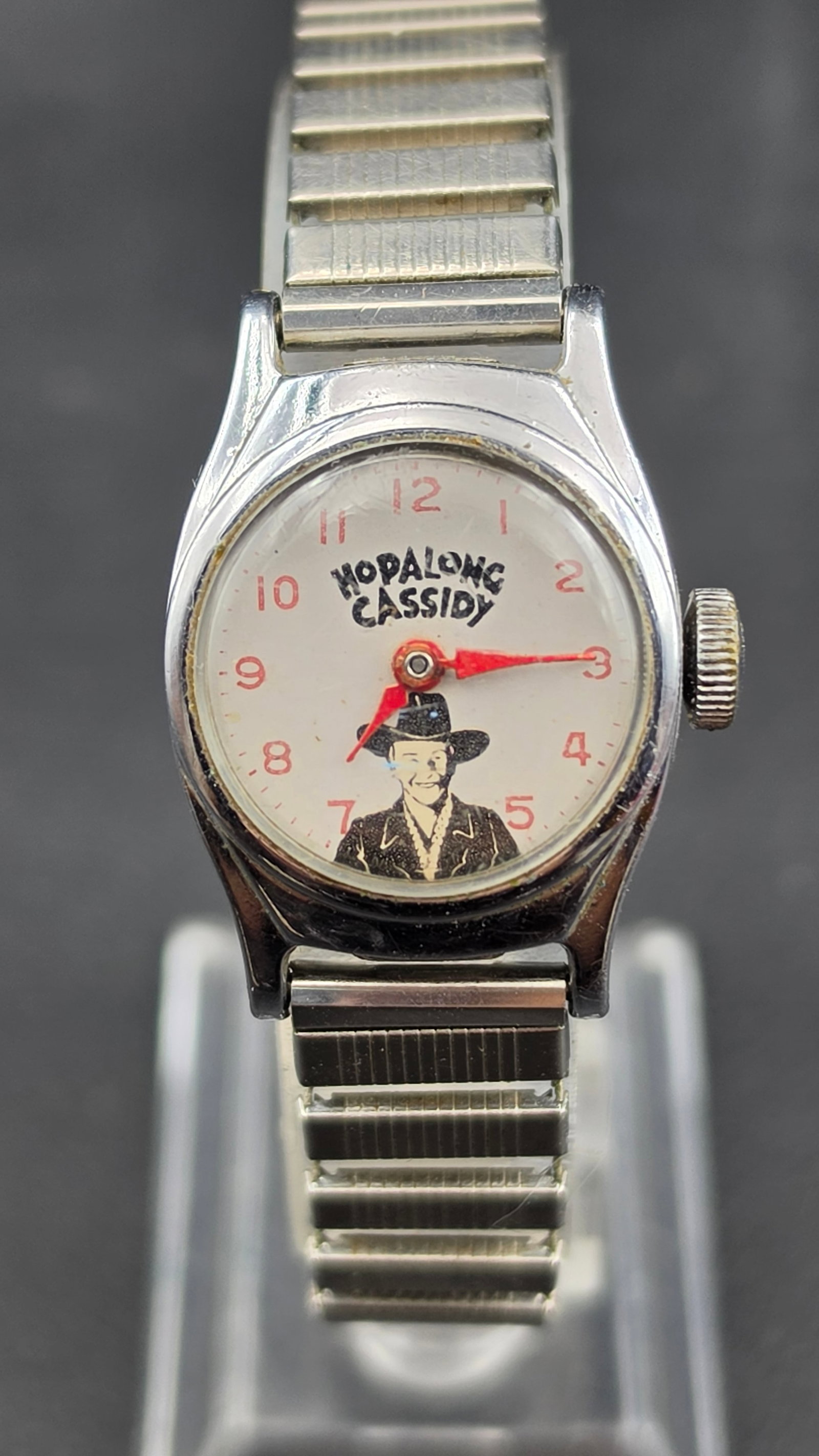 Hopalong Cassidy US Time Child Watch Good Luck from Hoppy Engraved Case Back Speidel Bracelet c. 195 (1 of 8)