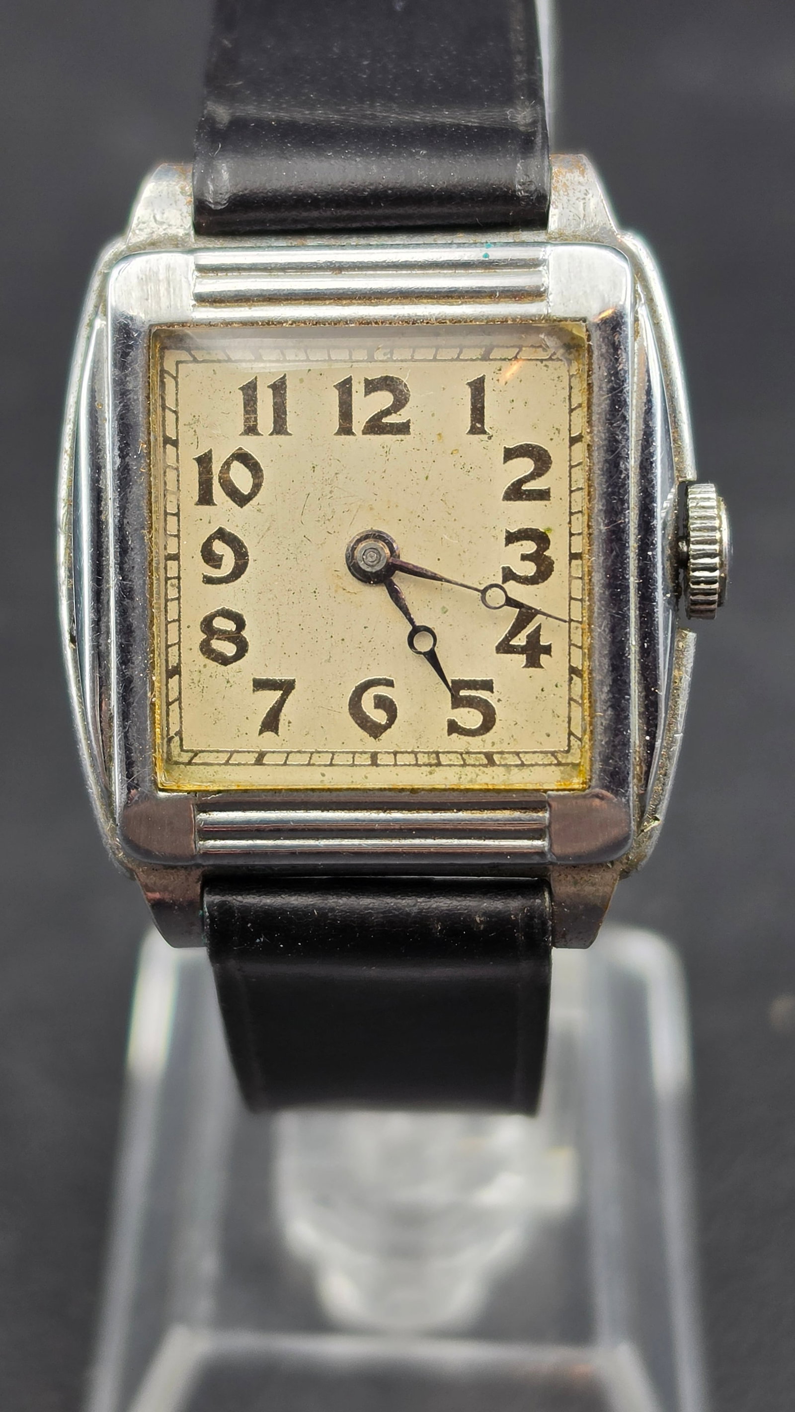 Vintage Hafis W.Co Swiss 15-Jewel Manual Wind Art Deco Cushion Case Men's Watch 29mm 1930s–1940s: This is a vintage Hafis Watch Co. Swiss manual wind men's wristwatch measuring approximately 29mm across the cushion-shaped case, with the movement plate engraved Hafis W.Co 3 Adjts 15 Jewels Swiss, i