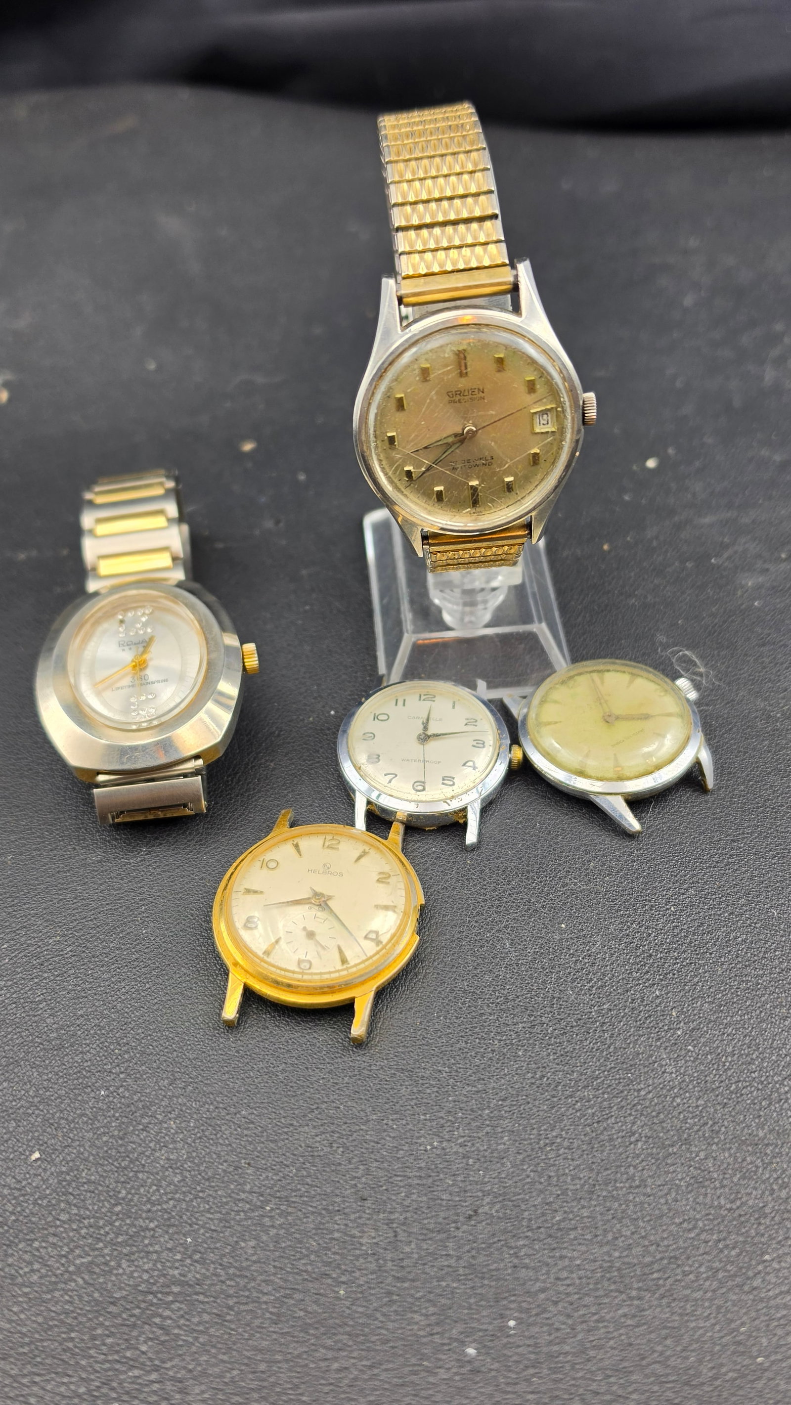 Lot of 5 Vintage Men's Watches Gruen Precision Autowind Helbros Rouani Caravelle Swiss Mixed (1 of 7)