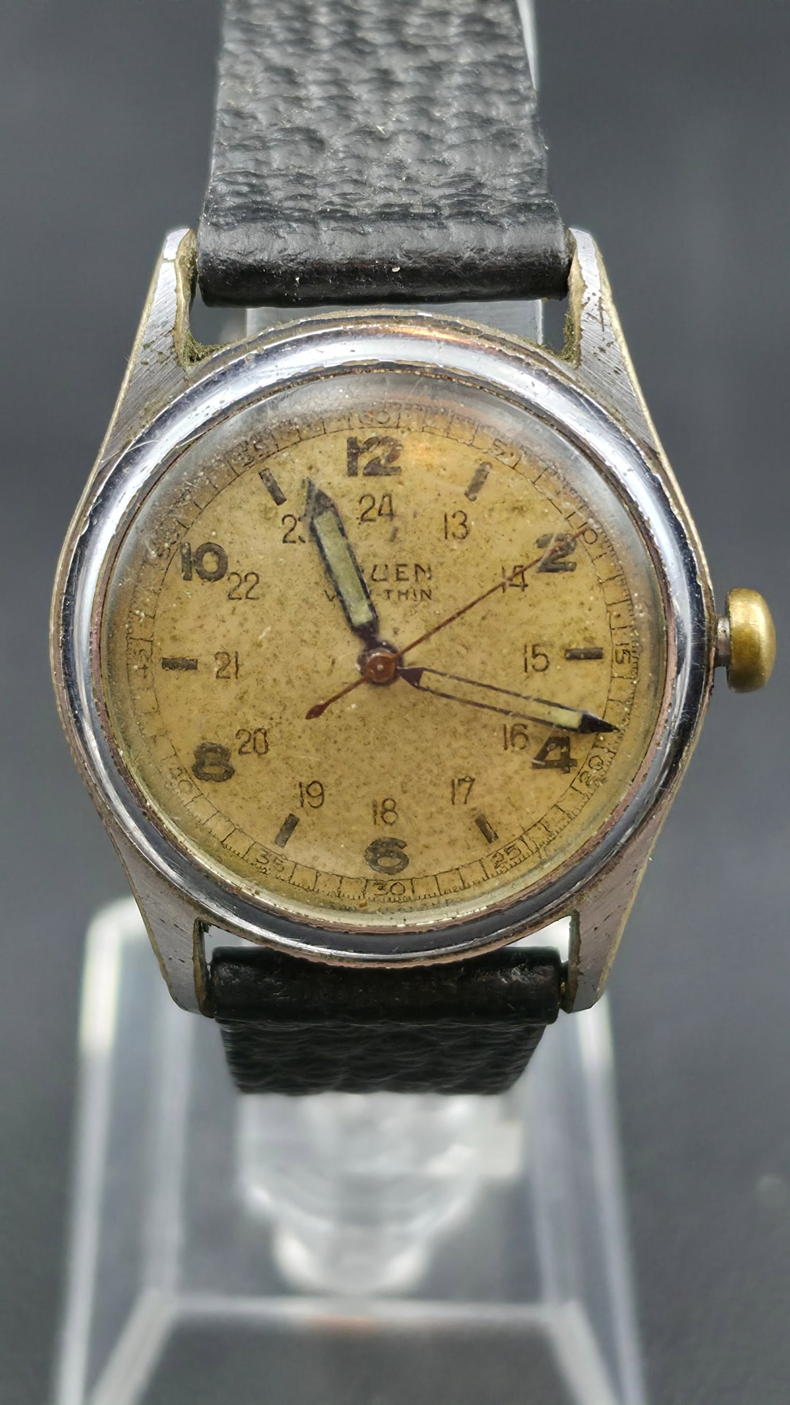 Vintage 1940s Gruen Veri-Thin Pan American 24-Hour Military Dial Manual Wind Watch 32mm Case 120620: This is a sought-after example of the Gruen Veri-Thin Pan American, one of the most collectible models from the Gruen Watch Company's mid-century lineup. The 24-hour military dial is the defining feat