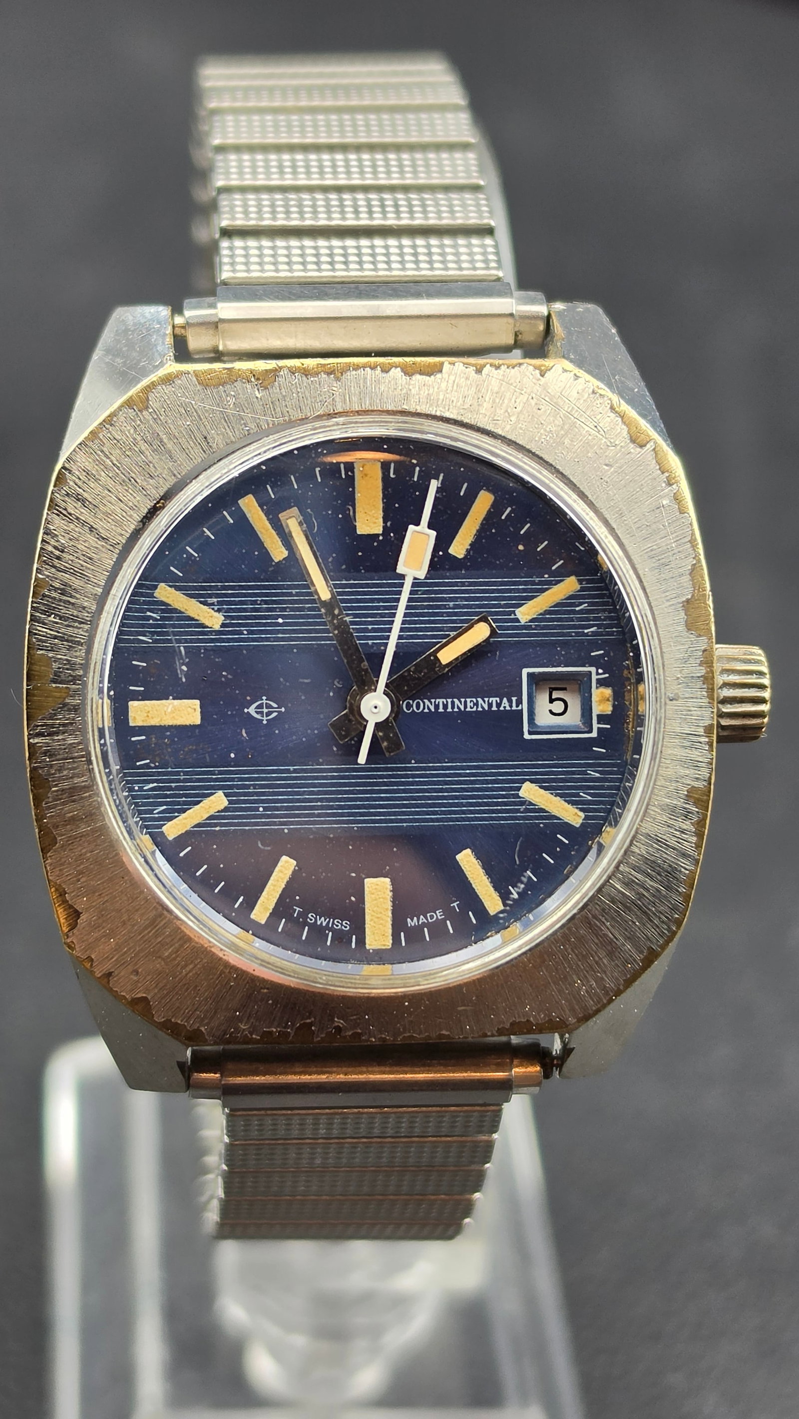 Continental Swiss Made Men's Watch c.1970s Blue Dial Date Silver-Tone Case 36mm Original Bracelet (1 of 9)