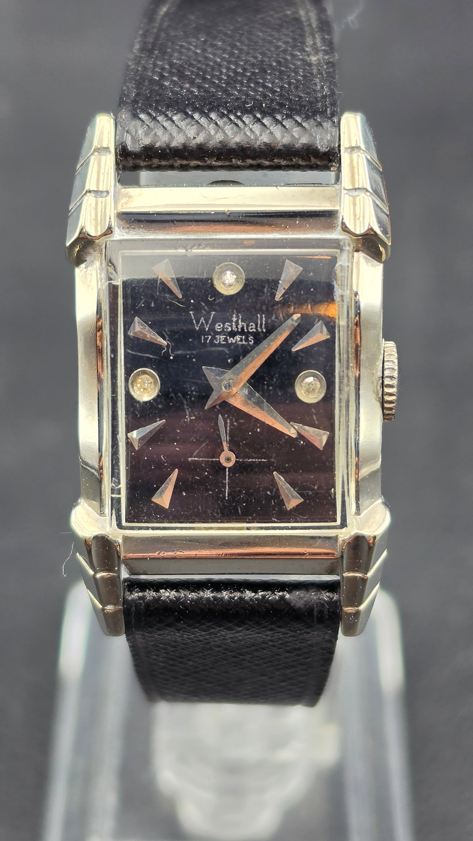 Vintage 1950s Westhall 17 Jewel Swiss Black Dial Diamond Marker Square Watch Rex Case Runs (1 of 11)