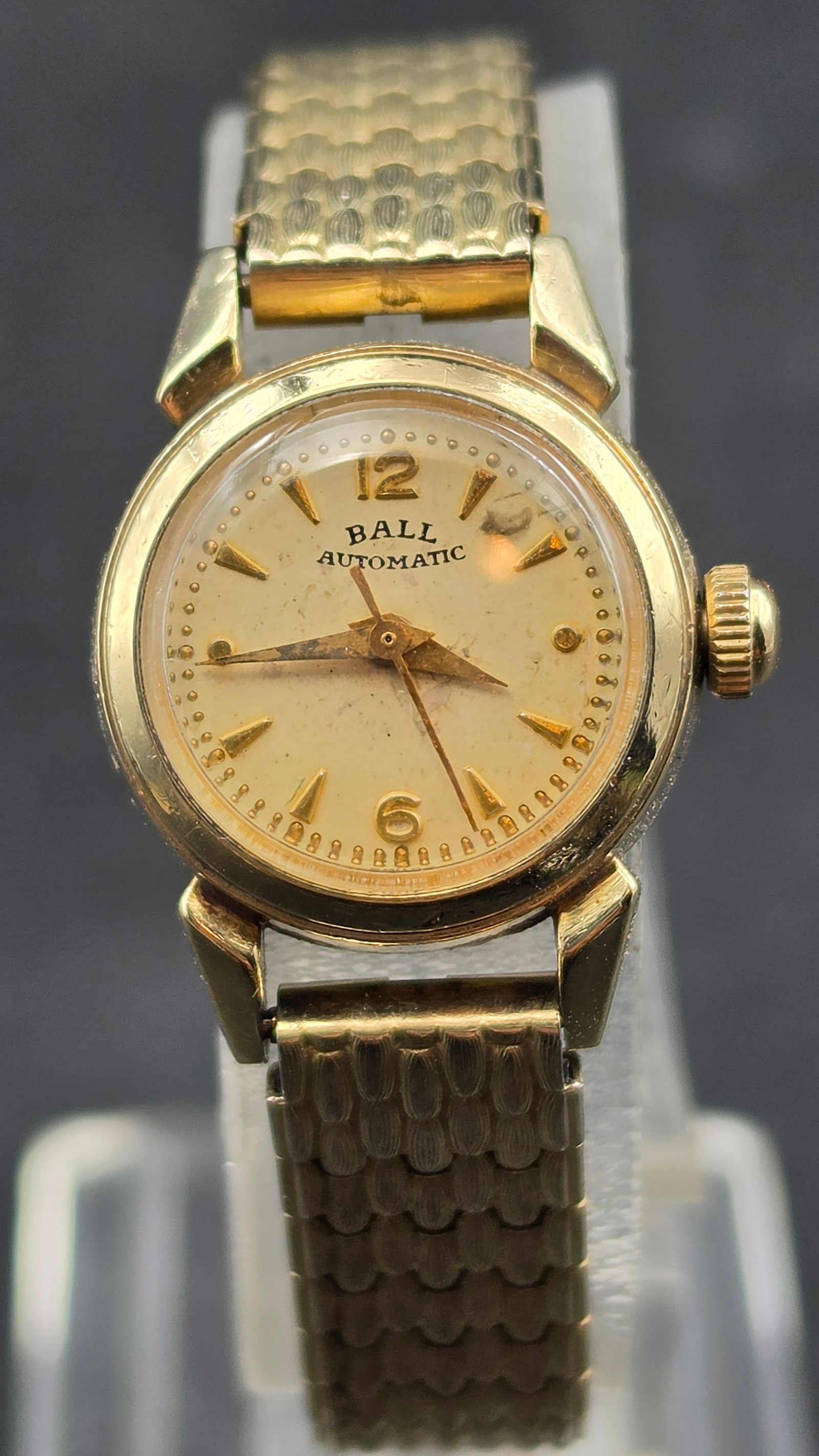 1950s Ball Watch Company Automatic Ladies Swiss 17 Jewel Watch 10K Gold Filled Case: This is a vintage 1950s ladies' Ball Watch Company automatic wristwatch, housed in a 10K gold-filled case by Loewe & Kaufmann (L&K), case number A755. The self-winding movement is signed "Ball Company