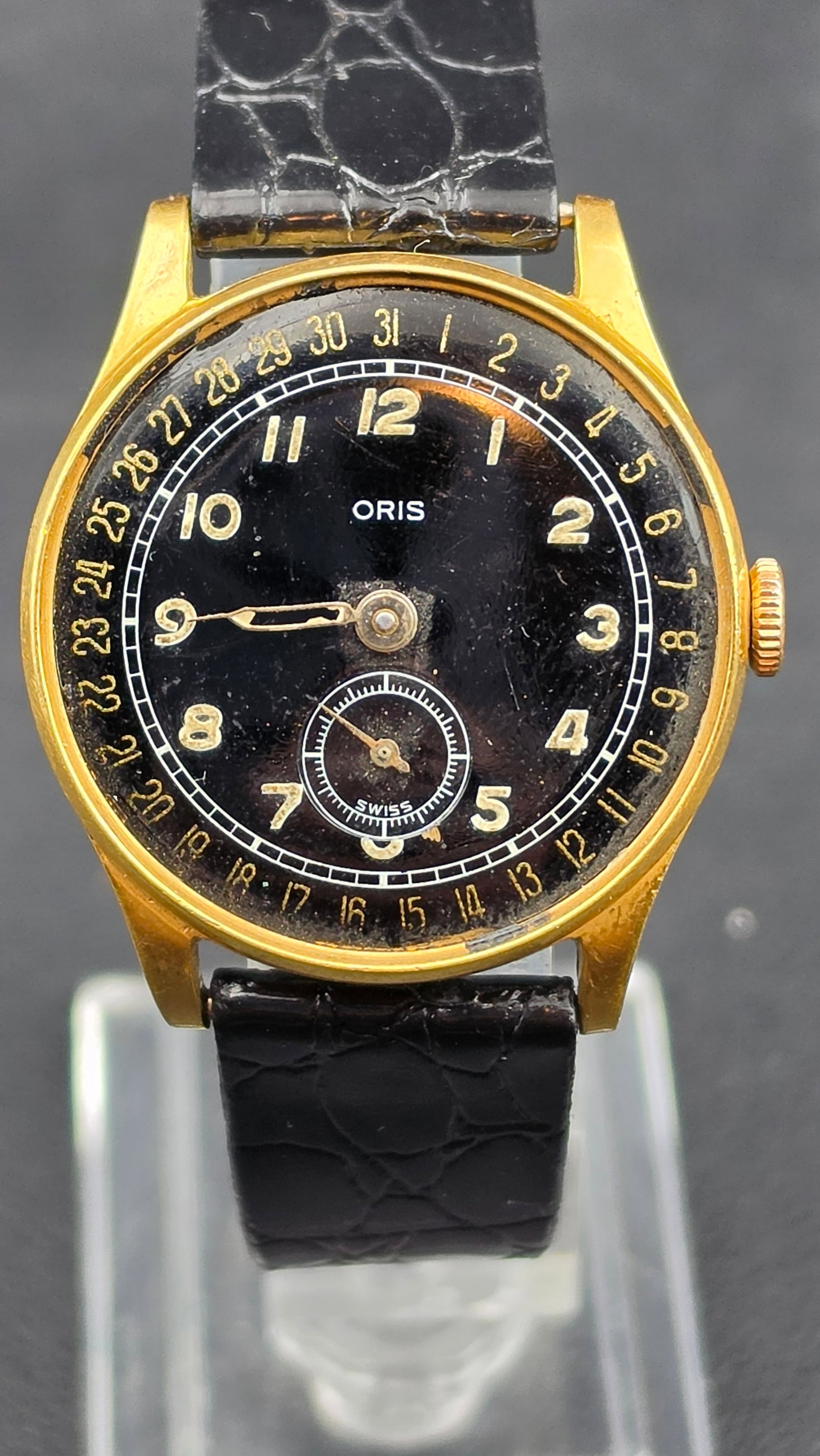 1940s Oris Pointer Date Calendar Swiss Watch Cal 453 7 Jewel Black Dial Subsidiary Seconds 33mm (1 of 10)