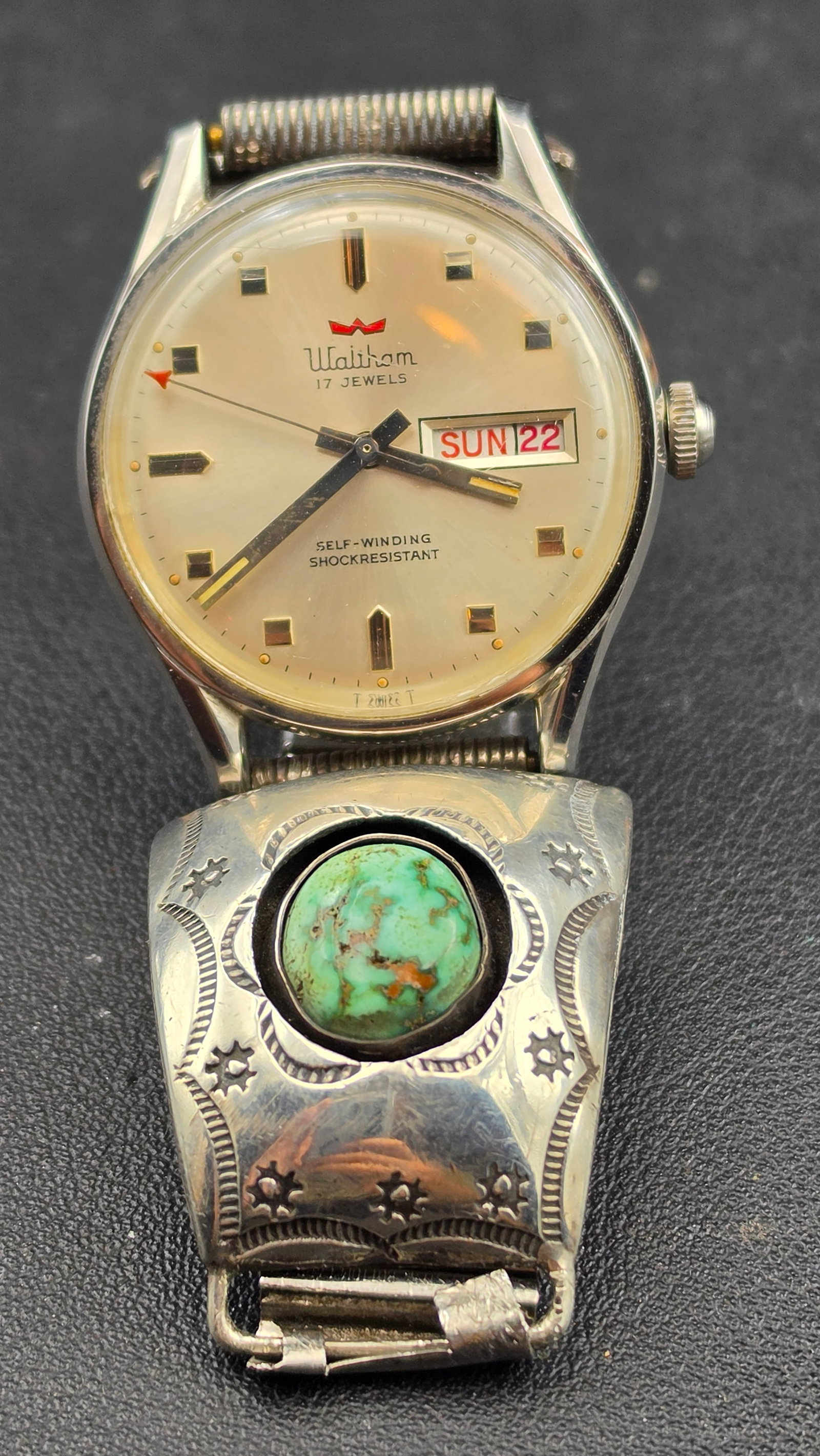 1960s Waltham 17 Jewel Automatic Day Date Swiss Watch w Jerome Begay Navajo Sterling Turquoise Cuff (1 of 11)