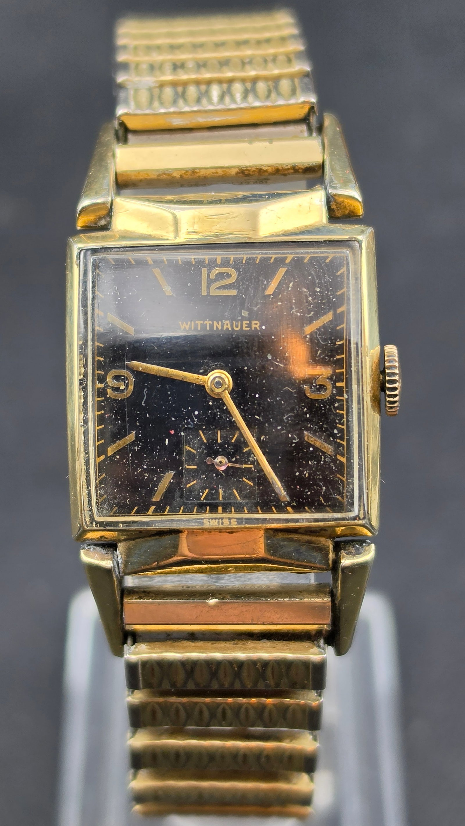 1950s Wittnauer Men's Square Black Dial 17 Jewel Swiss Manual Wind Watch 9WN 10K GF Runs (1 of 11)