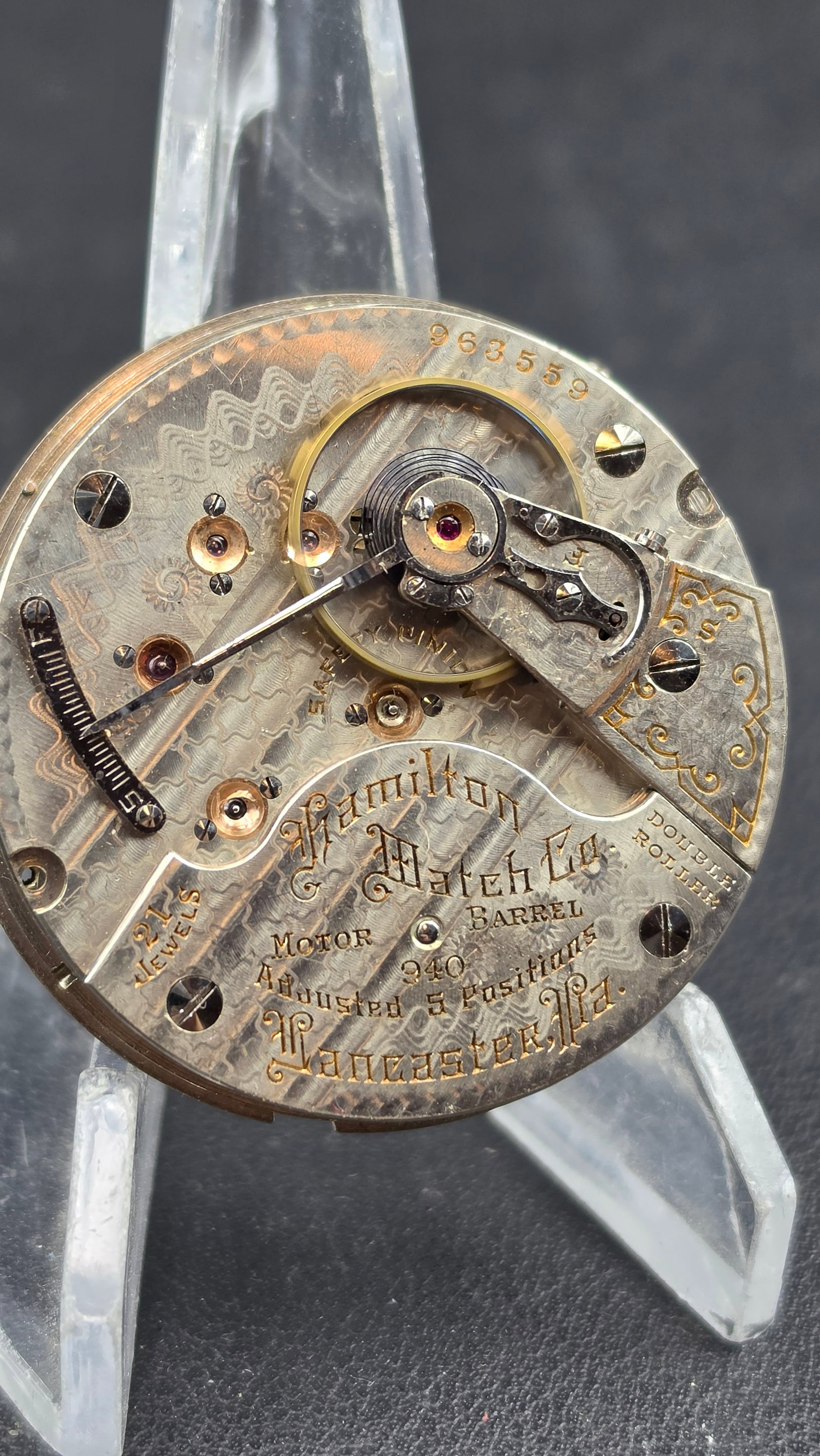 Antique 1912 Hamilton Grade 940 Railroad Pocket Watch Movement 21J 18S Motor Barrel 5 Position Adj (1 of 5)