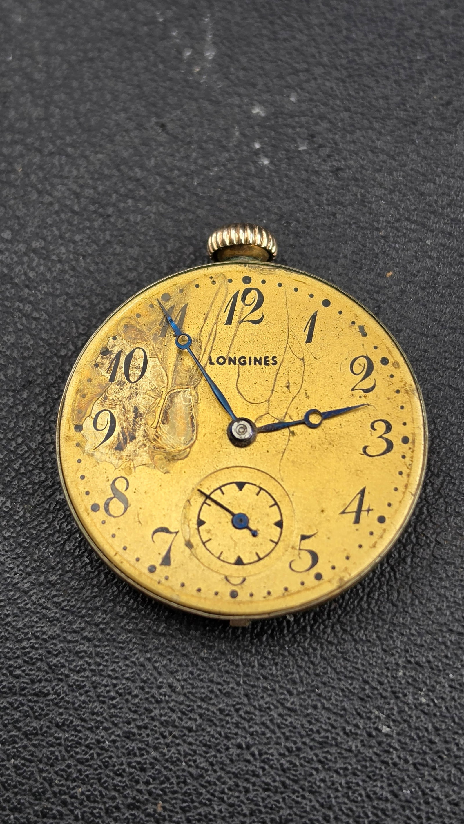 Antique c.1912 Longines 15J 3-Adj Pocket Watch Movement & Dial Arabic Numerals 20.5mm: Up for sale is an antique Longines pocket watch movement and dial set, caseless, dating to approximately 1912–1914 based on serial number 2861914 stamped on the movement plate. The movement plate is