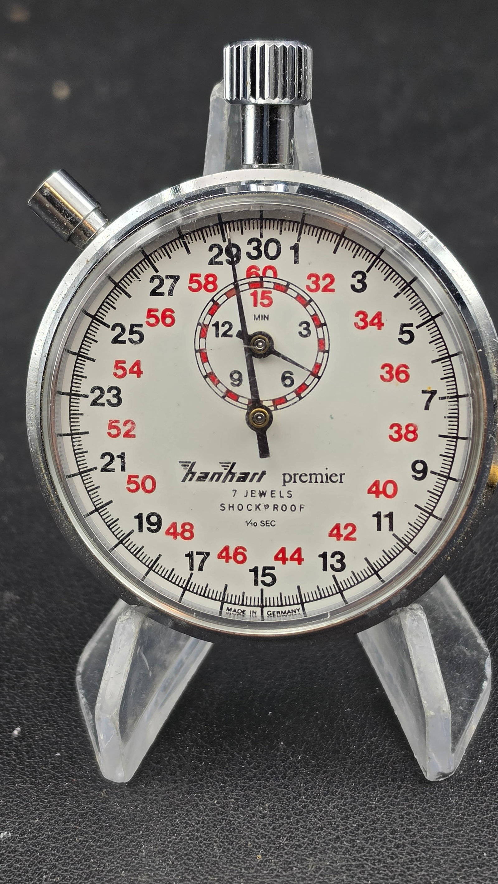 Vintage Hanhart Premier 7 Jewel Shockproof Stopwatch 1/10 Sec Made Germany Antimagnetic 55mm: Up for sale is a vintage Hanhart Premier mechanical stopwatch made in Germany, measuring 55mm across the chrome-plated case. The white dial is marked "hanhart premier / 7 Jewels / Shockproof / 1/10 Se