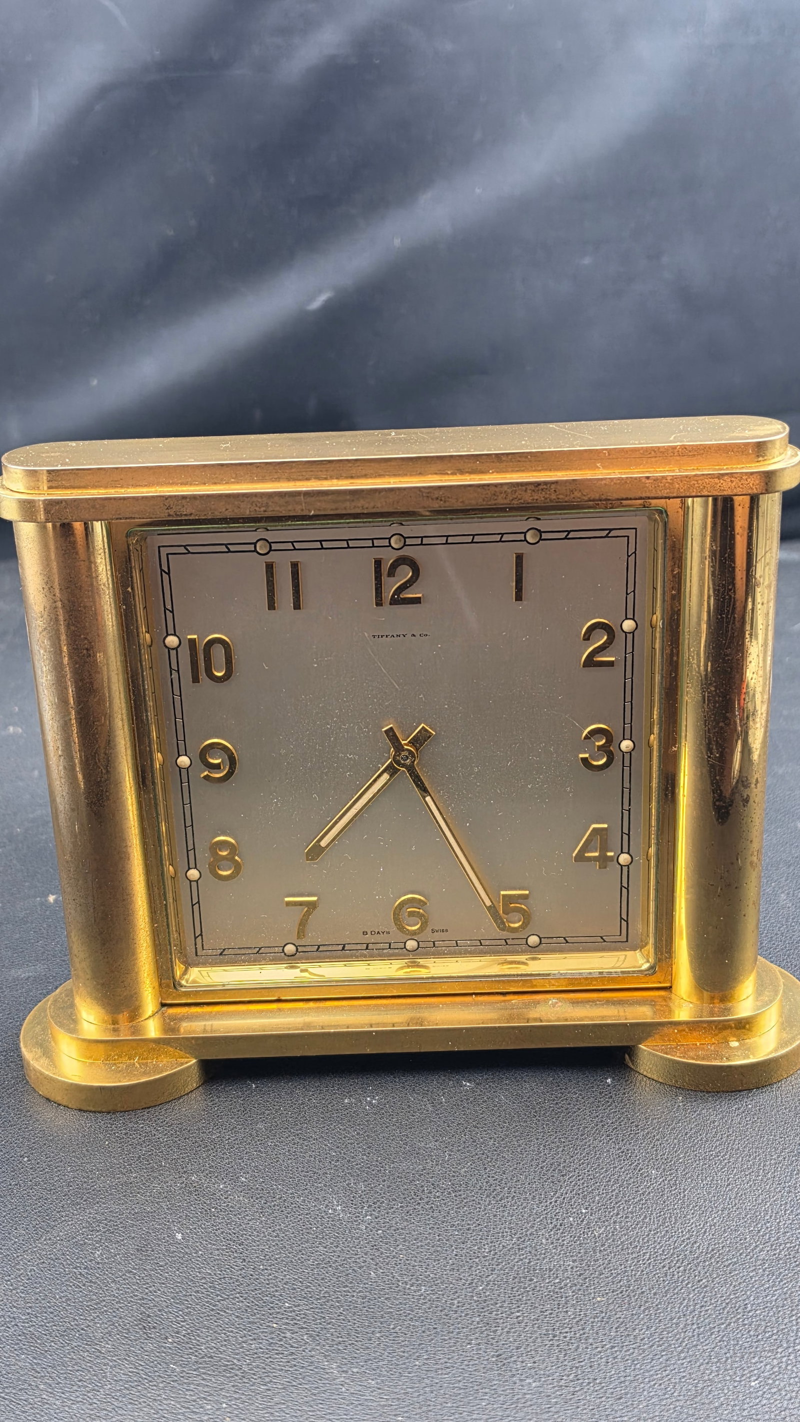 Tiffany & Co 8-Day Swiss Brass Desk Mantel Clock Column Pillar Art Deco Serviced Running (1 of 11)