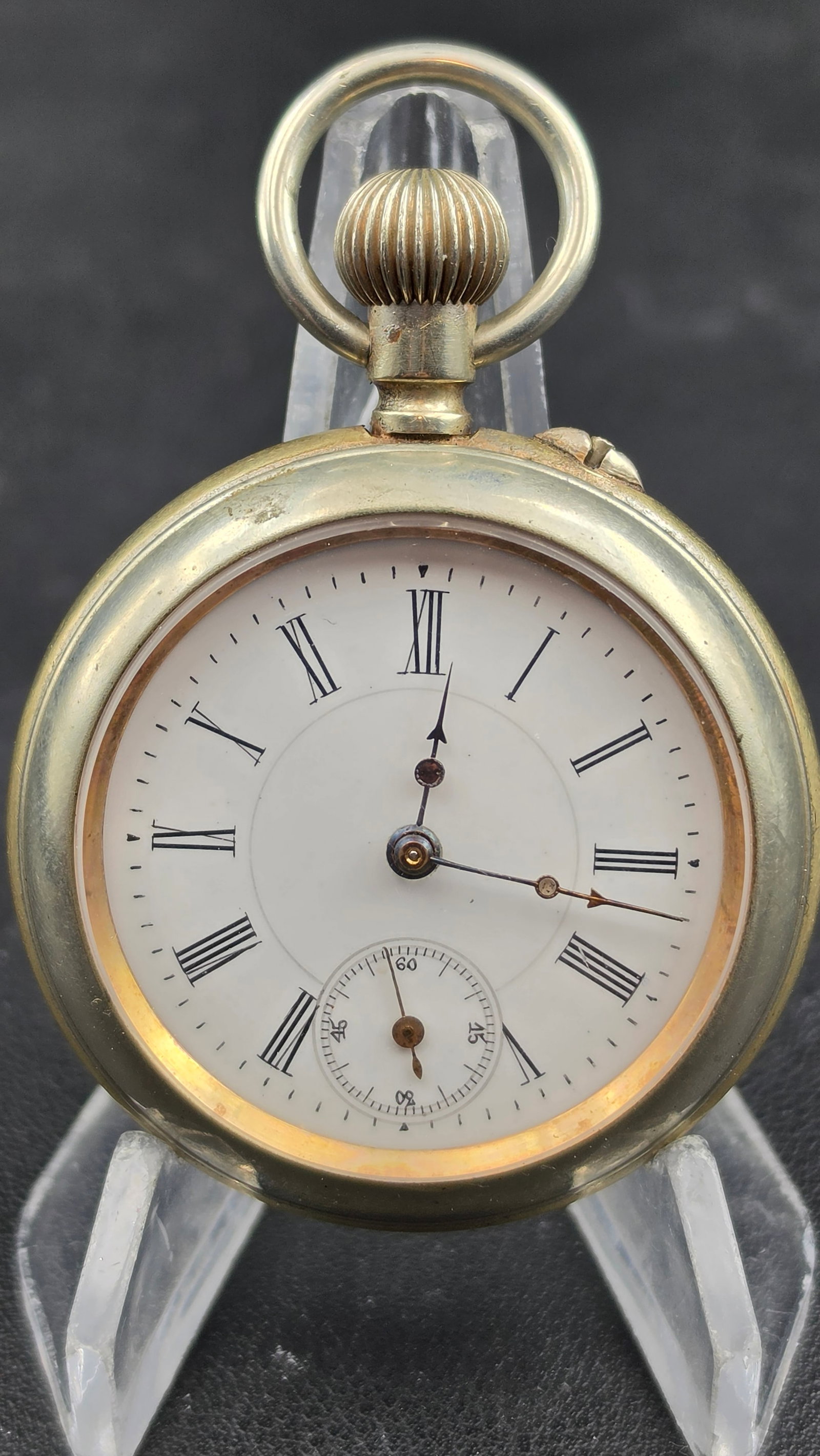 Antique Swiss Pocket Watch Locomotive Engraved Case Back Roman Numeral Dial 48mm Runs (1 of 9)