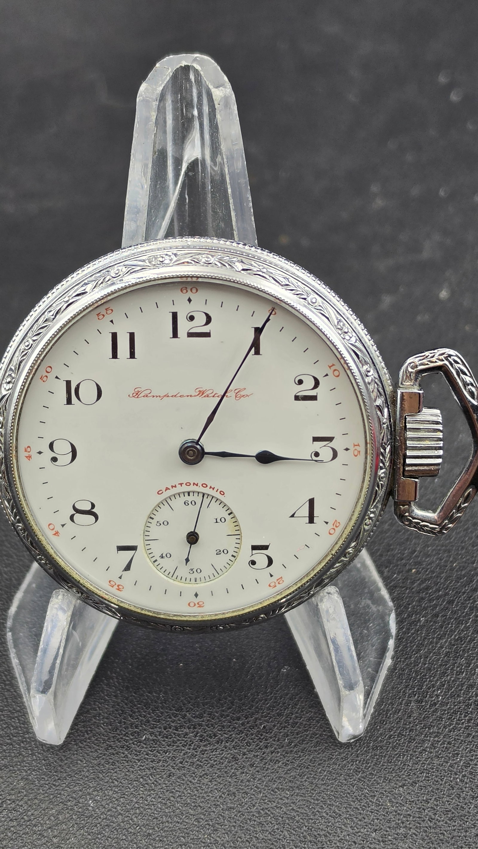 Antique 1905 Hampden Wm. McKinley Railroad Grade 16s 17J Adjusted Sidewinder Pocket Watch: Up for sale is a fully identified antique American railroad-grade pocket watch by the Hampden Watch Co. of Canton, Ohio, researched via the Pocket Watch Database as Grade Wm. McKinley, Model 4, moveme