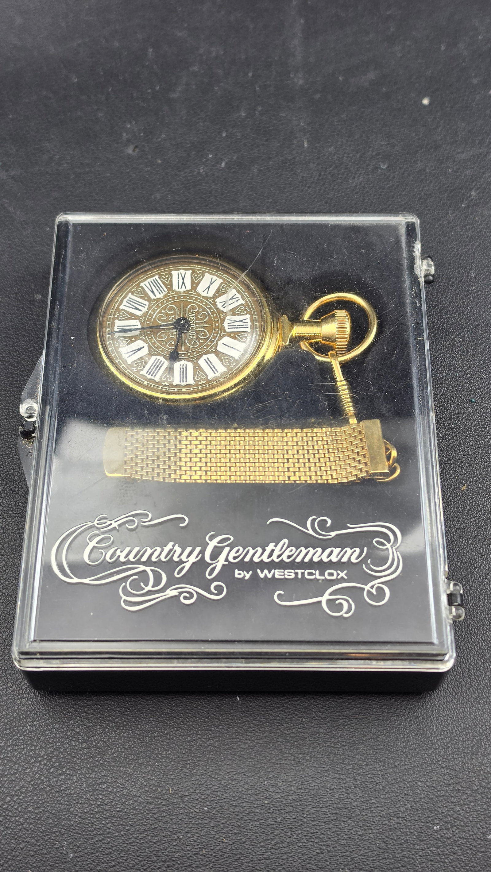 Vintage Westclox Country Gentleman Pocket Watch 1970s Gold Tone Roman Numeral Original Box Chain USA (1 of 5)
