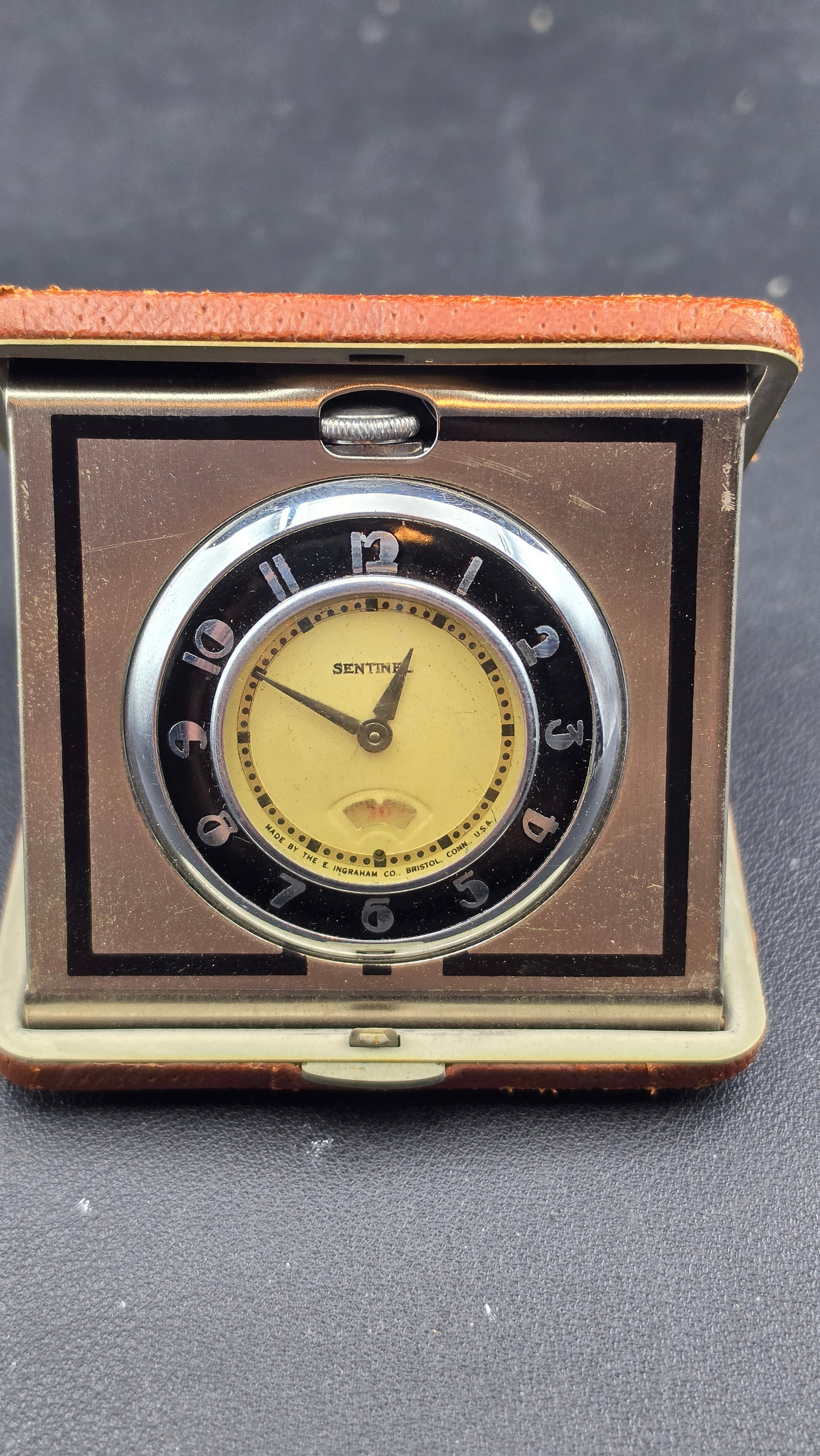 Vintage 1930s Ingraham Sentinel Art Deco Travel Clock Original Leather Case Bristol Connecticut USA (1 of 8)