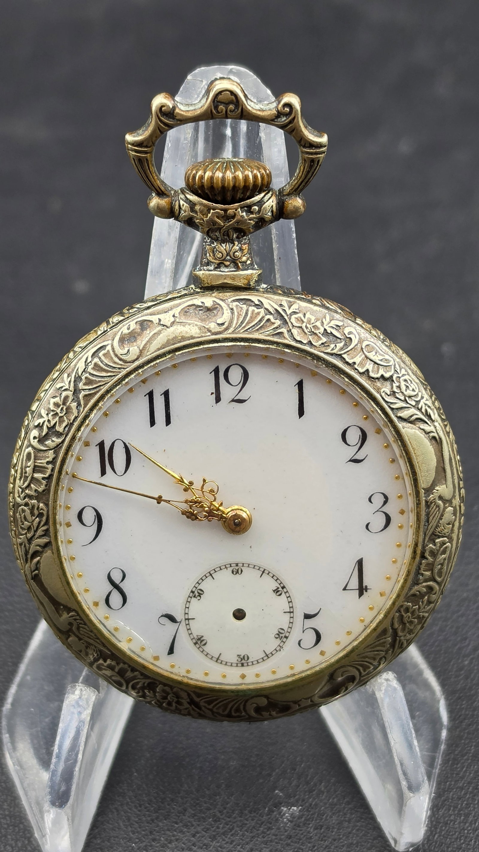 1900s Swiss Art Nouveau High Relief Repousse Pocket Watch Pastoral Scene Gold Tone Case 47mm (1 of 8)